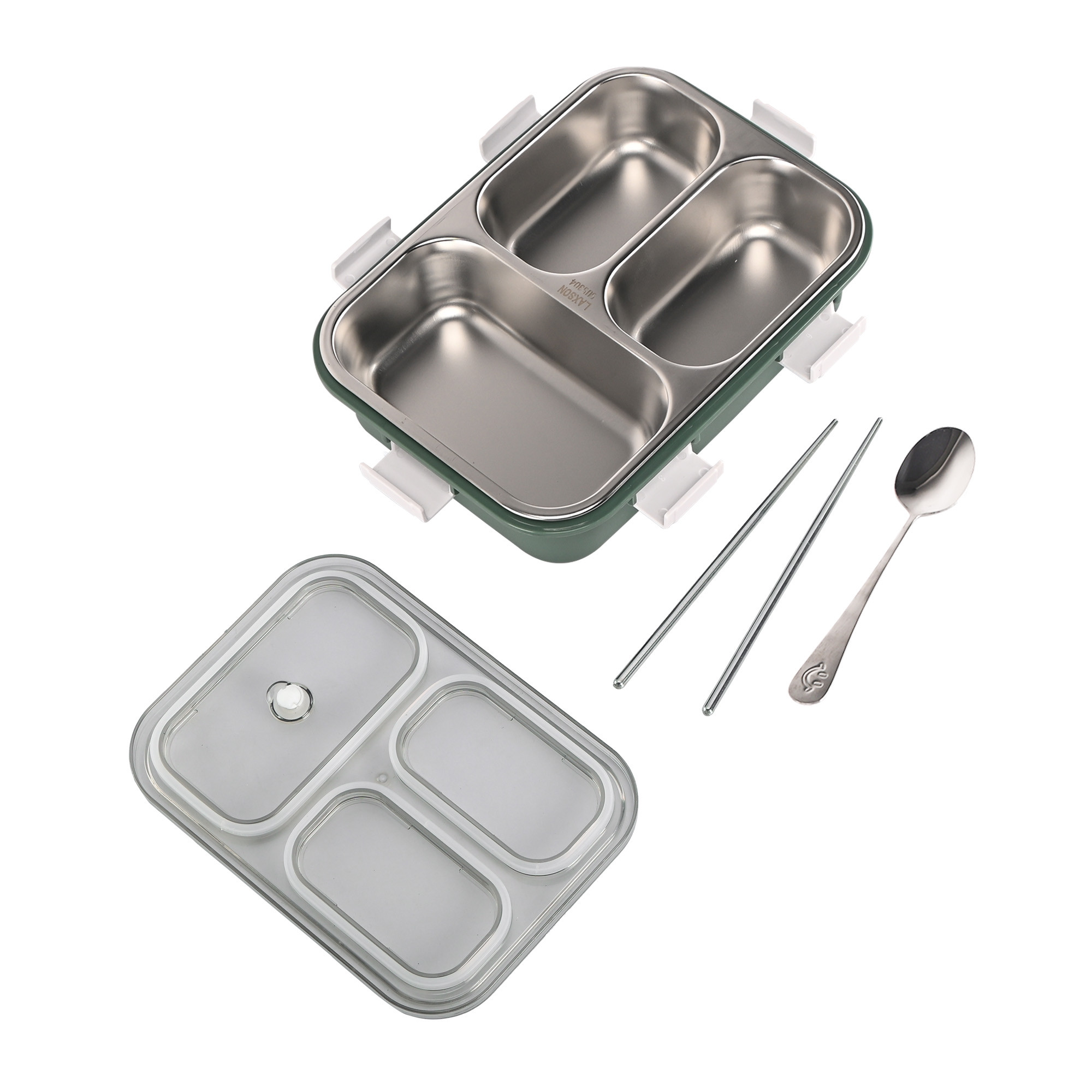 Kuber Industries Stainless Steel 3 Compartment Lunch Box  750 ML Airtight Leakproof Office Lunch Box for Men  Lunch Box for School Kids and Adults  Spoon  Pair of Chopsticks Tiffin Box  Green