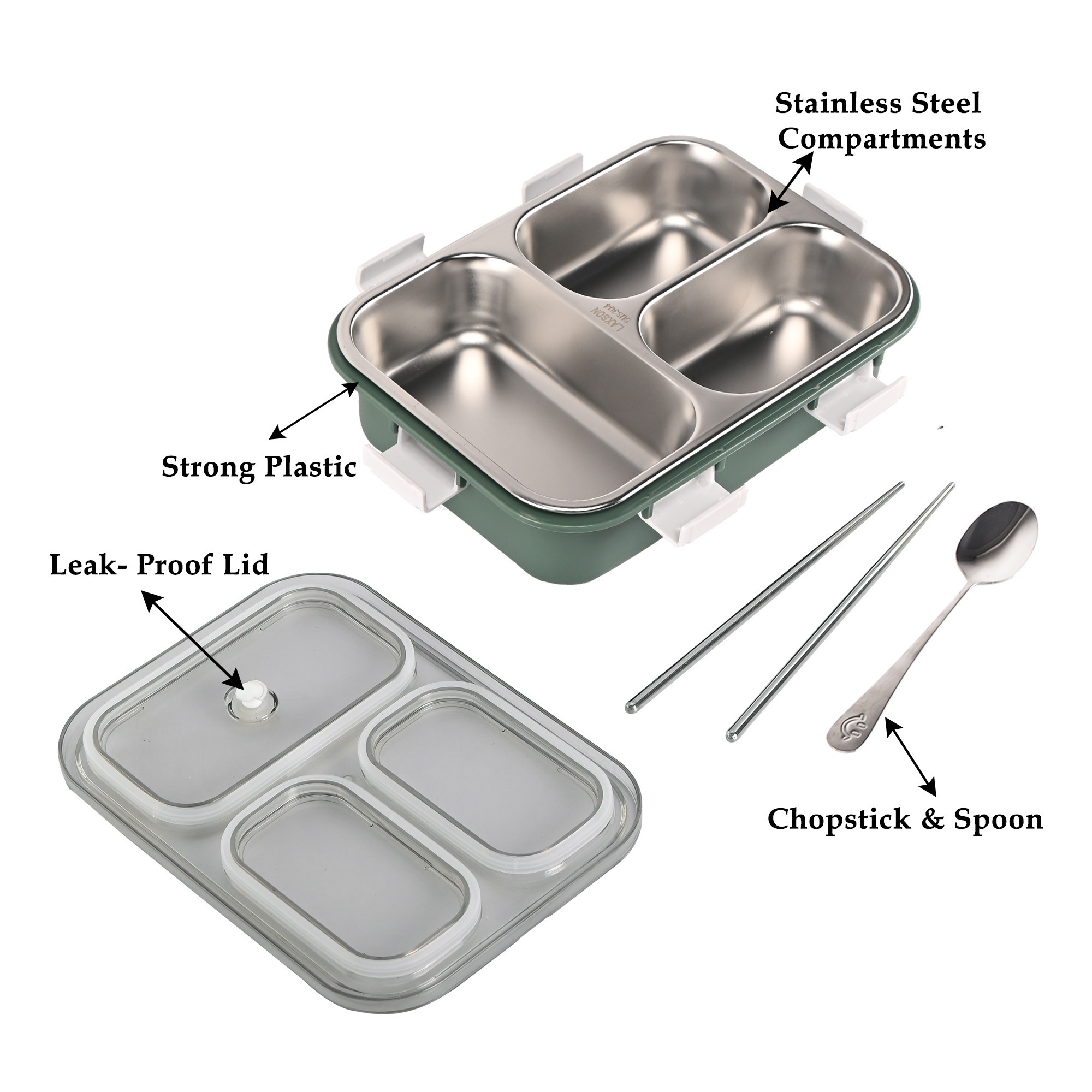 Kuber Industries Stainless Steel 3 Compartment Lunch Box  750 ML Airtight Leakproof Office Lunch Box for Men  Lunch Box for School Kids and Adults  Spoon  Pair of Chopsticks Tiffin Box  Green