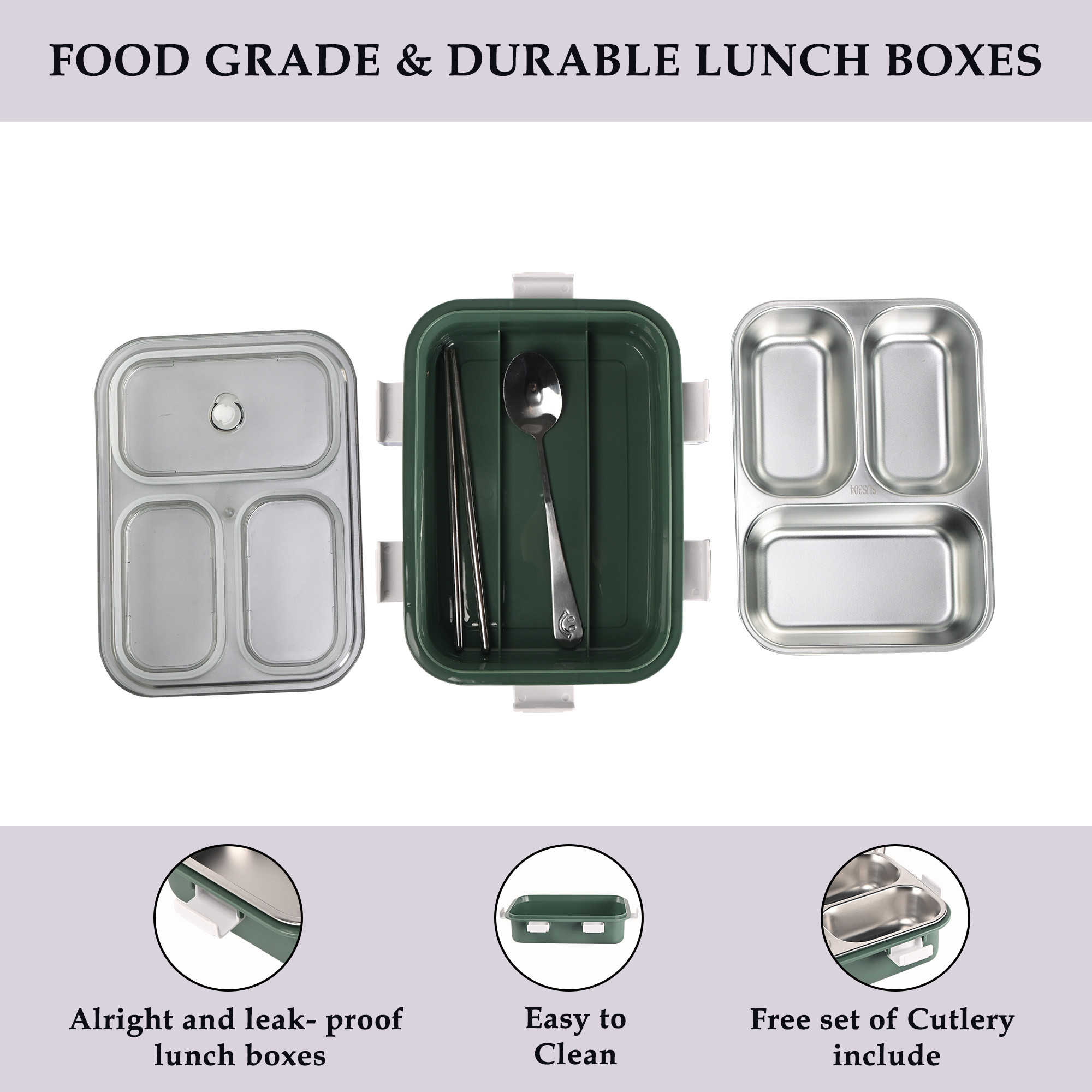 Kuber Industries Stainless Steel 3 Compartment Lunch Box  750 ML Airtight Leakproof Office Lunch Box for Men  Lunch Box for School Kids and Adults  Spoon  Pair of Chopsticks Tiffin Box  Green