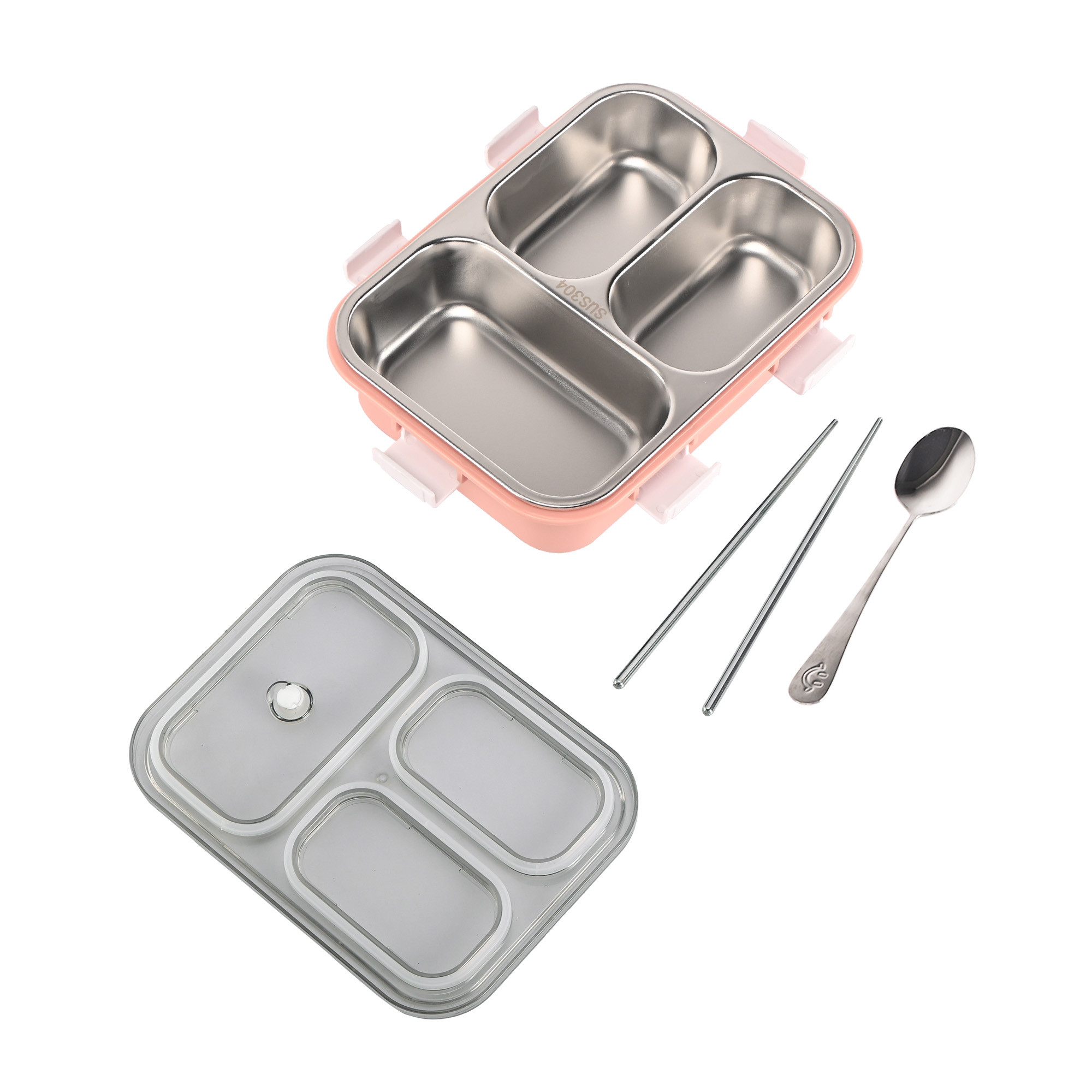 Kuber Industries Stainless Steel 3 Compartment Lunch Box  750 ML Airtight Leakproof Office Lunch Box for Men  Lunch Box for School Kids and Adults  Spoon  Pair of Chopsticks Tiffin Box  Pink