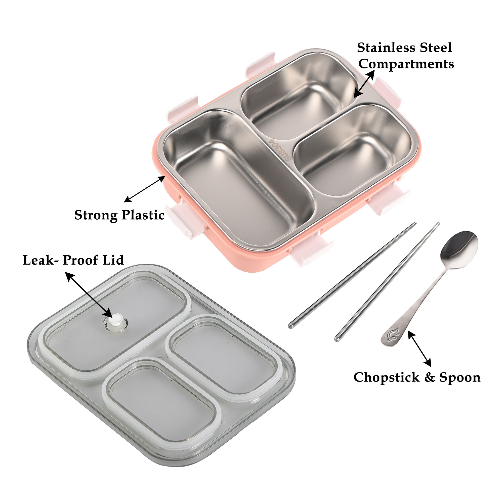 Kuber Industries Stainless Steel 3 Compartment Lunch Box  750 ML Airtight Leakproof Office Lunch Box for Men  Lunch Box for School Kids and Adults  Spoon  Pair of Chopsticks Tiffin Box  Pink