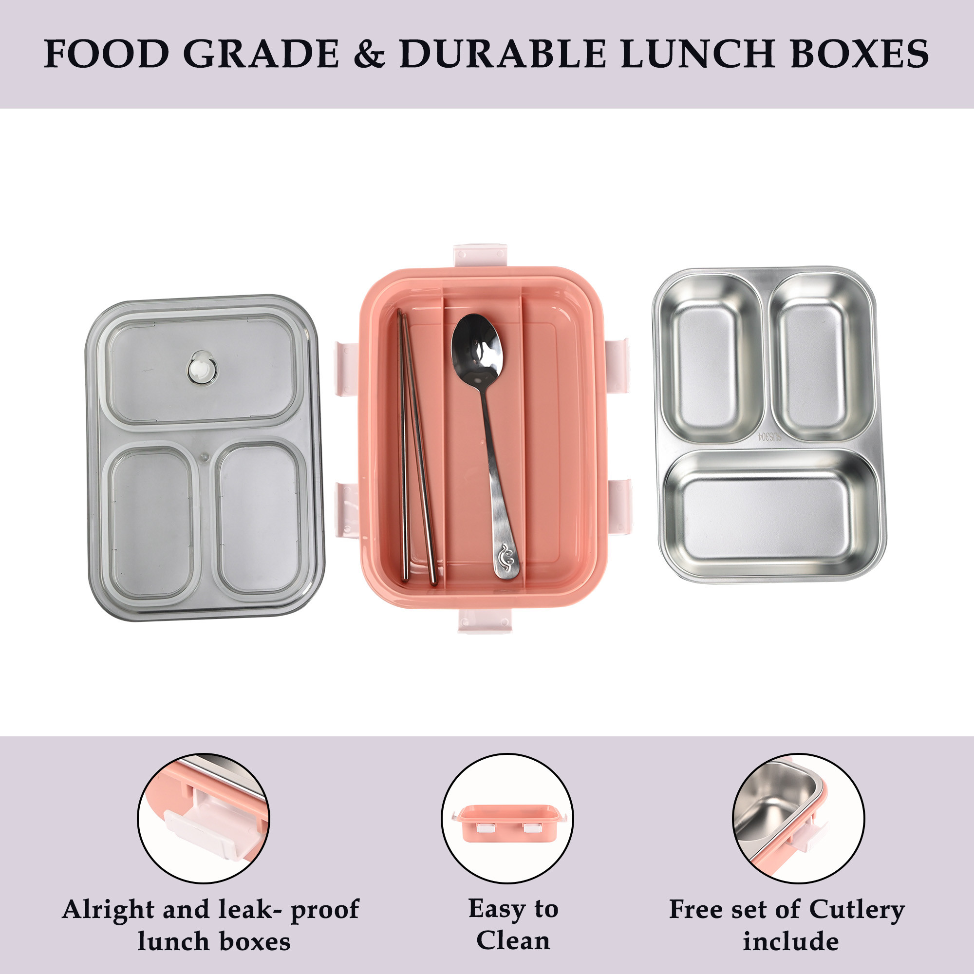 Kuber Industries Stainless Steel 3 Compartment Lunch Box  750 ML Airtight Leakproof Office Lunch Box for Men  Lunch Box for School Kids and Adults  Spoon  Pair of Chopsticks Tiffin Box  Pink