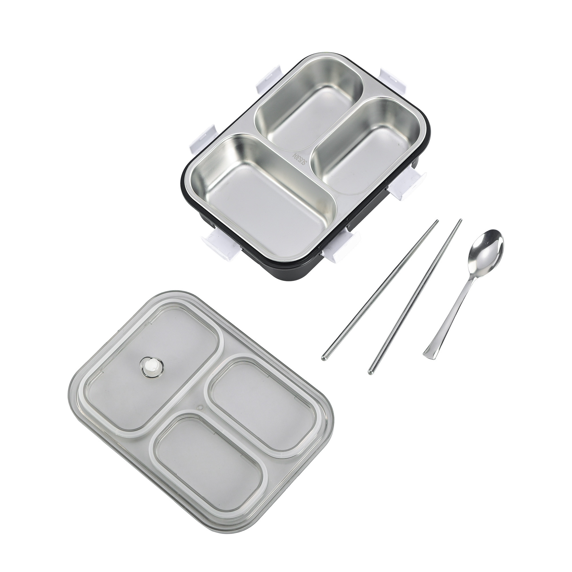 Kuber Industries Stainless Steel 3 Compartment Lunch Box  750 ML Airtight Leakproof Office Lunch Box for Men  Lunch Box for School Kids and Adults  Spoon  Pair of Chopsticks Tiffin Box  Black