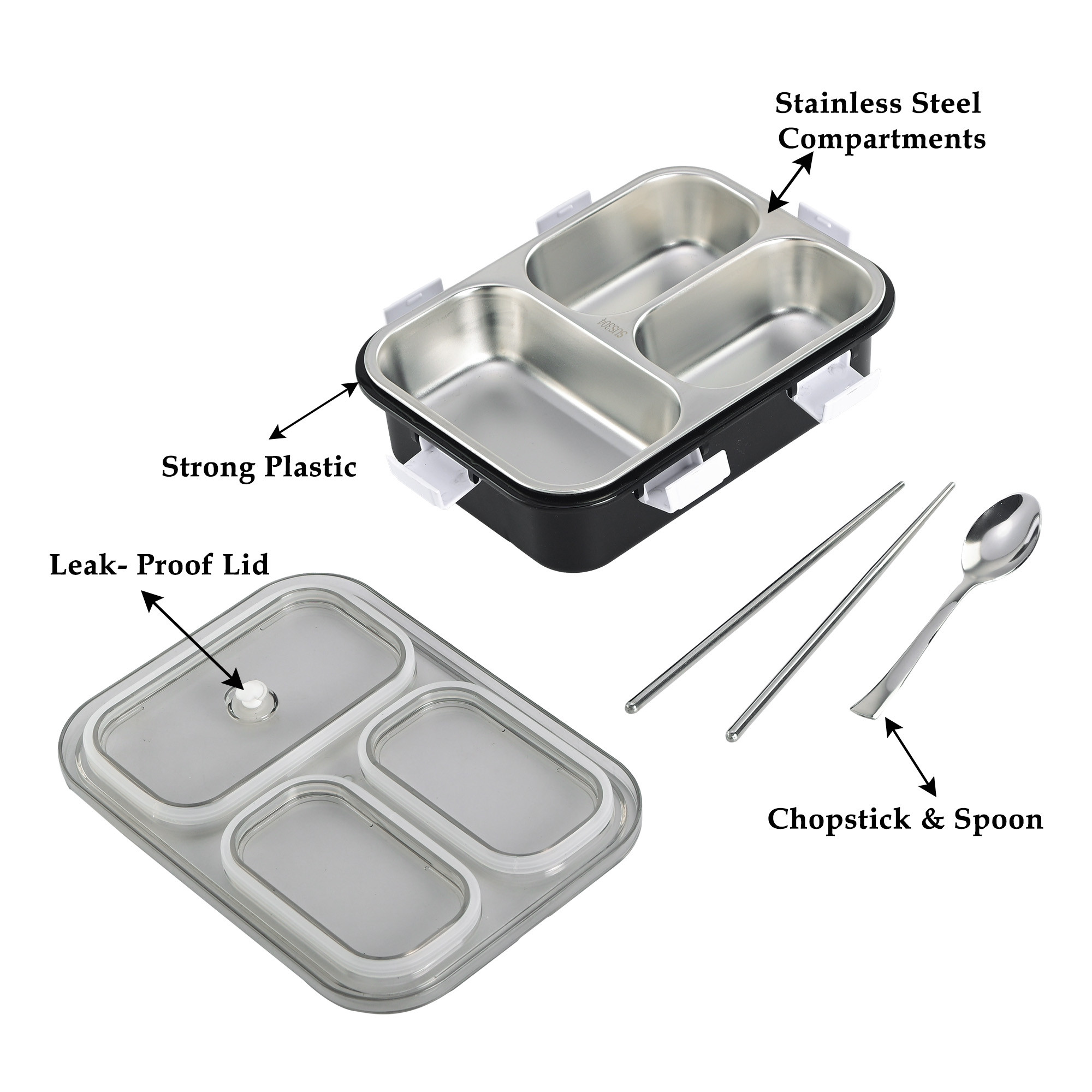 Kuber Industries Stainless Steel 3 Compartment Lunch Box  750 ML Airtight Leakproof Office Lunch Box for Men  Lunch Box for School Kids and Adults  Spoon  Pair of Chopsticks Tiffin Box  Black