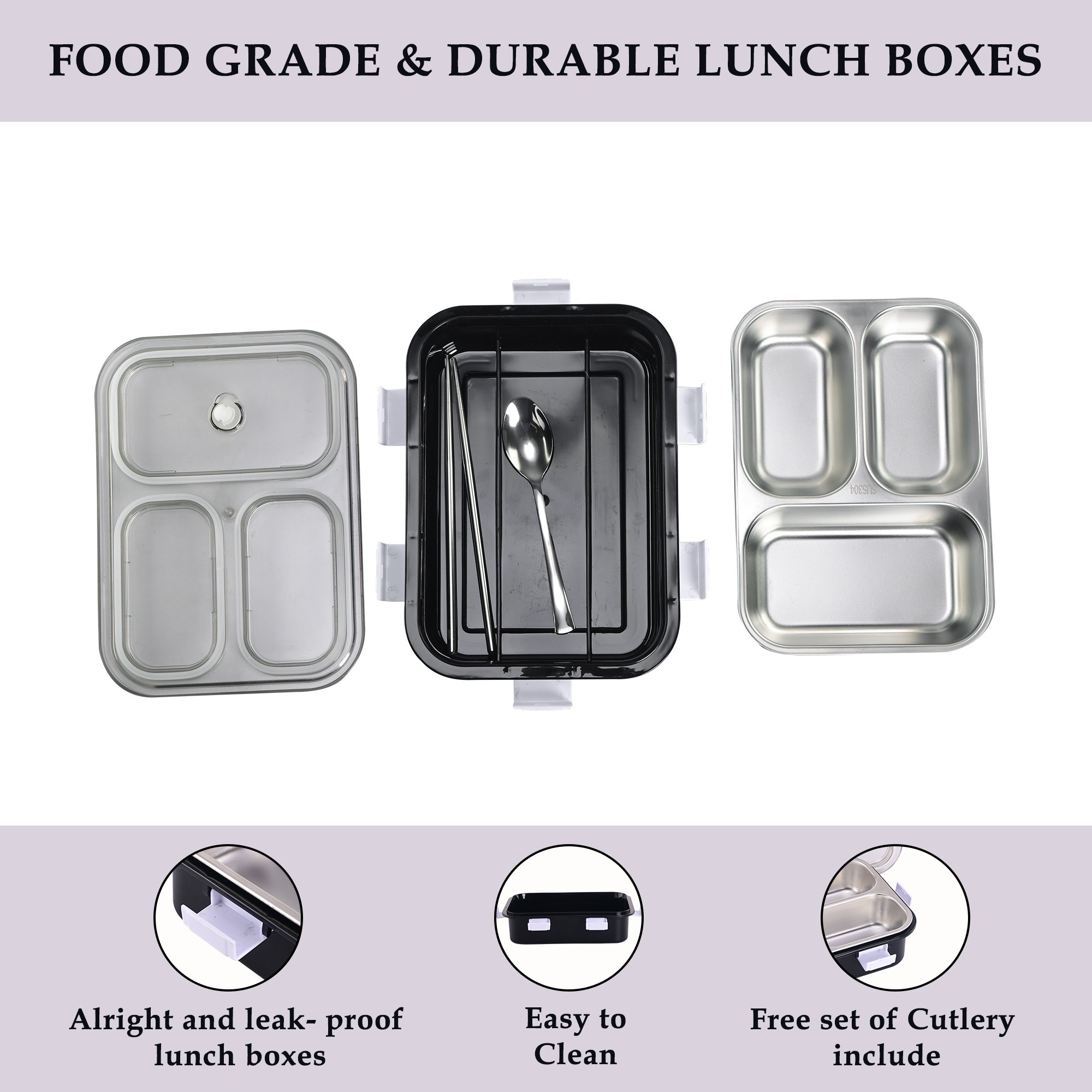 Kuber Industries Stainless Steel 3 Compartment Lunch Box  750 ML Airtight Leakproof Office Lunch Box for Men  Lunch Box for School Kids and Adults  Spoon  Pair of Chopsticks Tiffin Box  Black