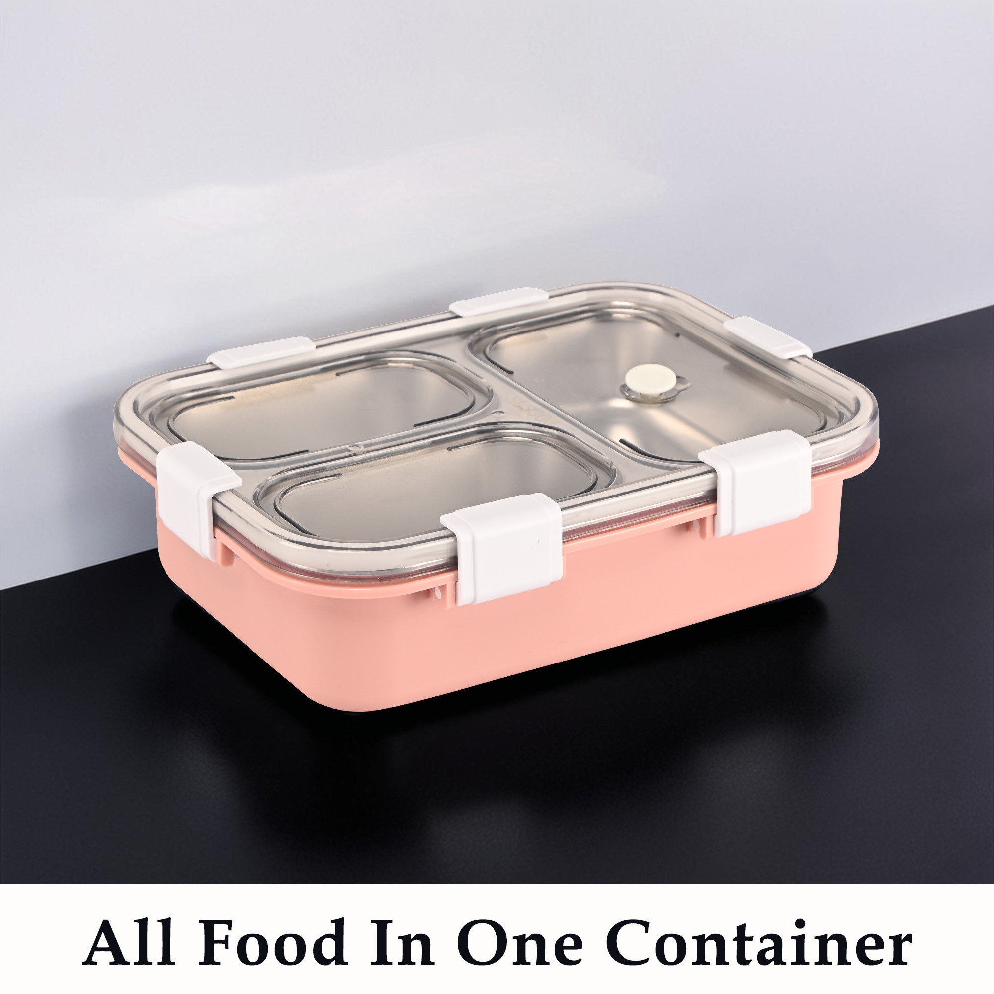 Kuber Industries Stainless Steel 3 Compartment Lunch Box  750 ML Airtight Leakproof Office Lunch Box for Men  Lunch Box for School Kids and Adults  Spoon  Pair of Chopsticks Tiffin Box  Pink