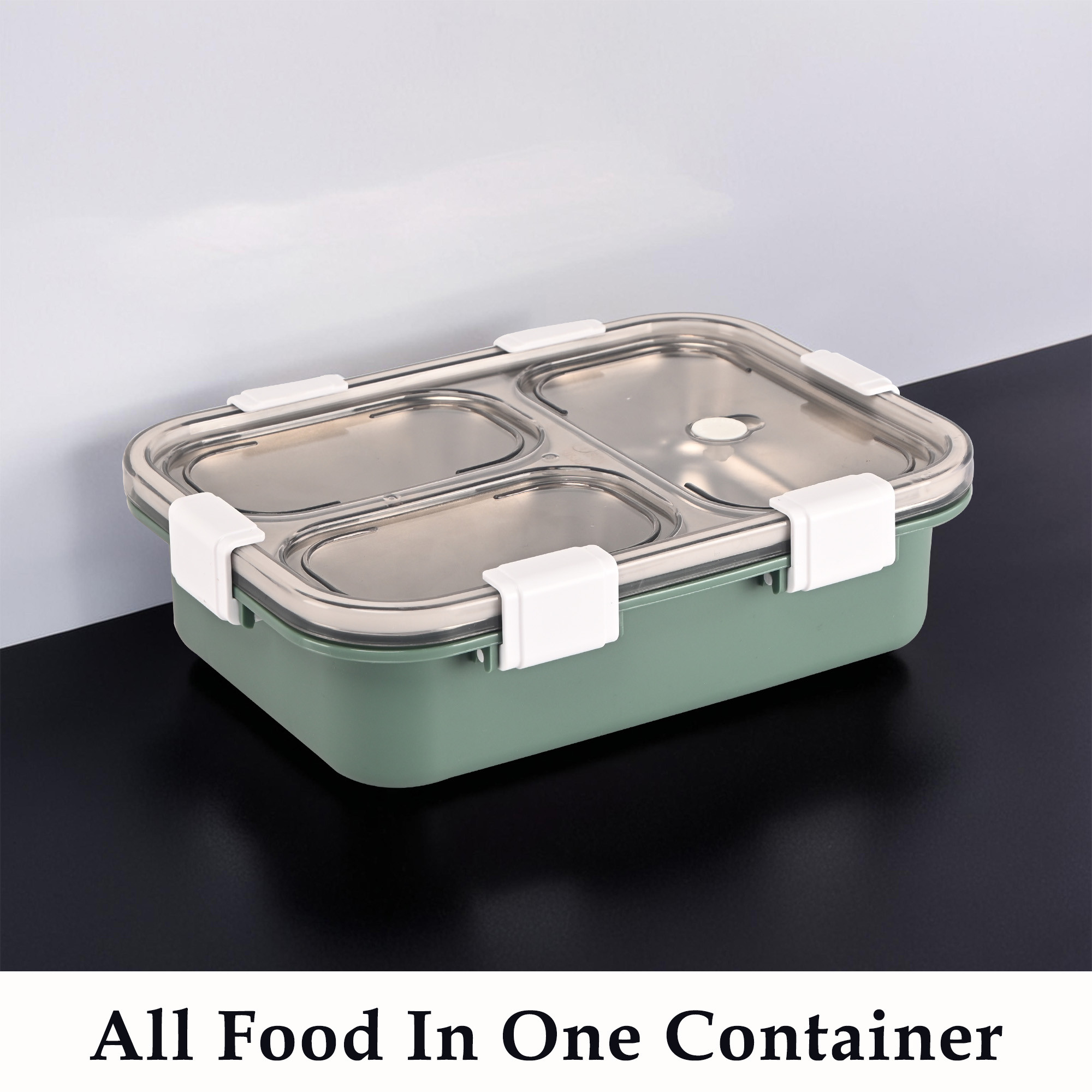 Kuber Industries Stainless Steel 3 Compartment Lunch Box  750 ML Airtight Leakproof Office Lunch Box for Men  Lunch Box for School Kids and Adults  Spoon  Pair of Chopsticks Tiffin Box  Green