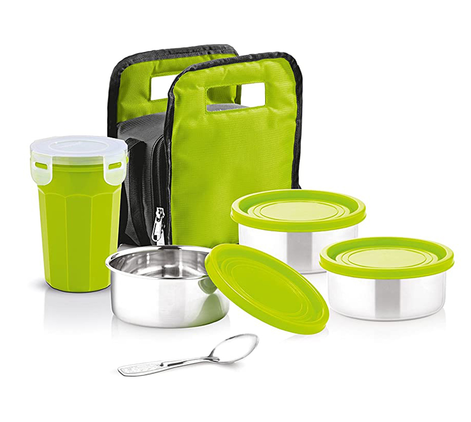 Kuber Industries Stainless Steel 3 Container, 1 Plastic Glass and 2 Plastic Spoon Lunch Box Set With Carry Bag (Green)-HS42KUBMART25119
