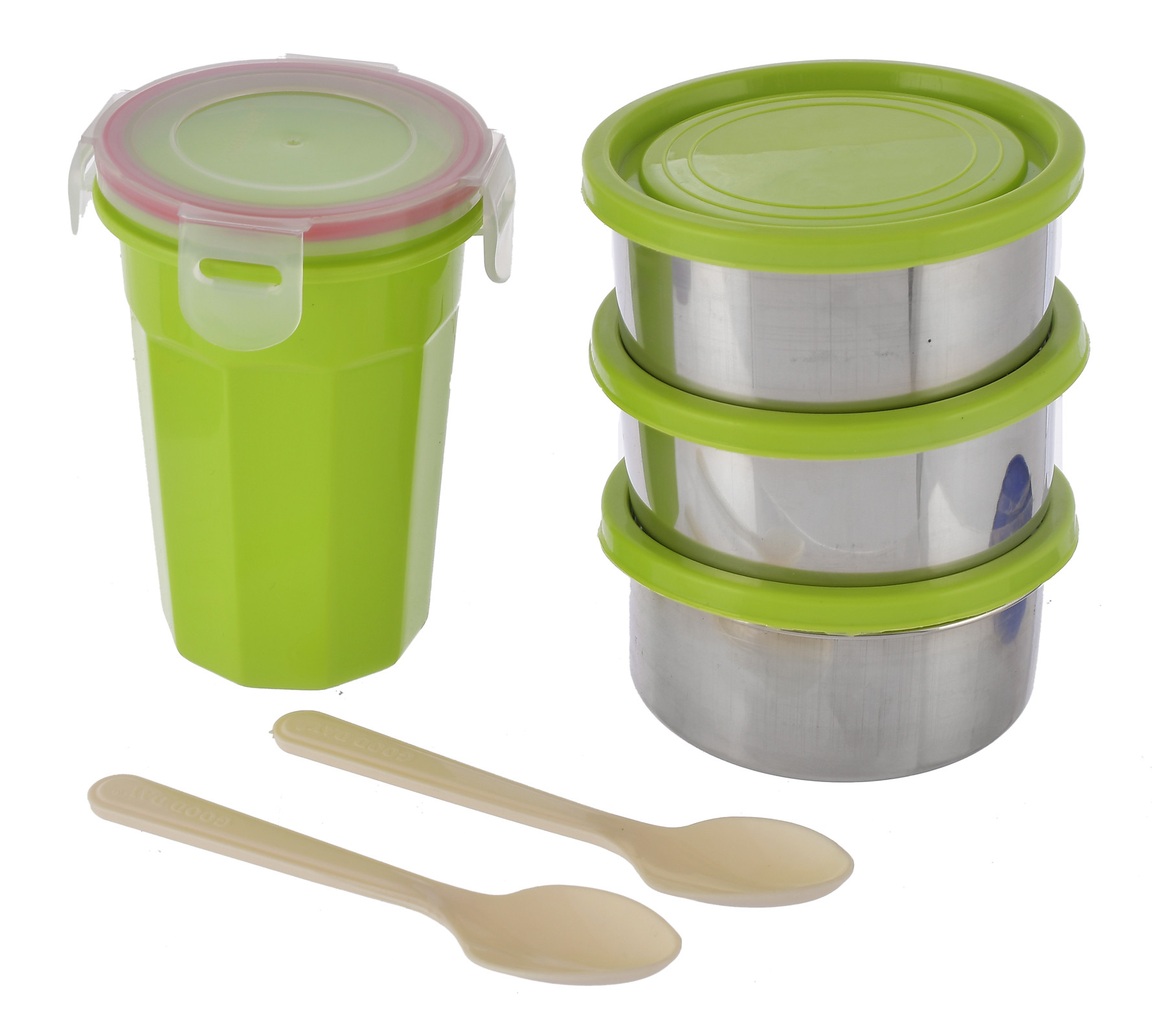 Kuber Industries Stainless Steel 3 Container, 1 Plastic Glass and 2 Plastic Spoon Lunch Box Set With Carry Bag (Green)-HS42KUBMART25119
