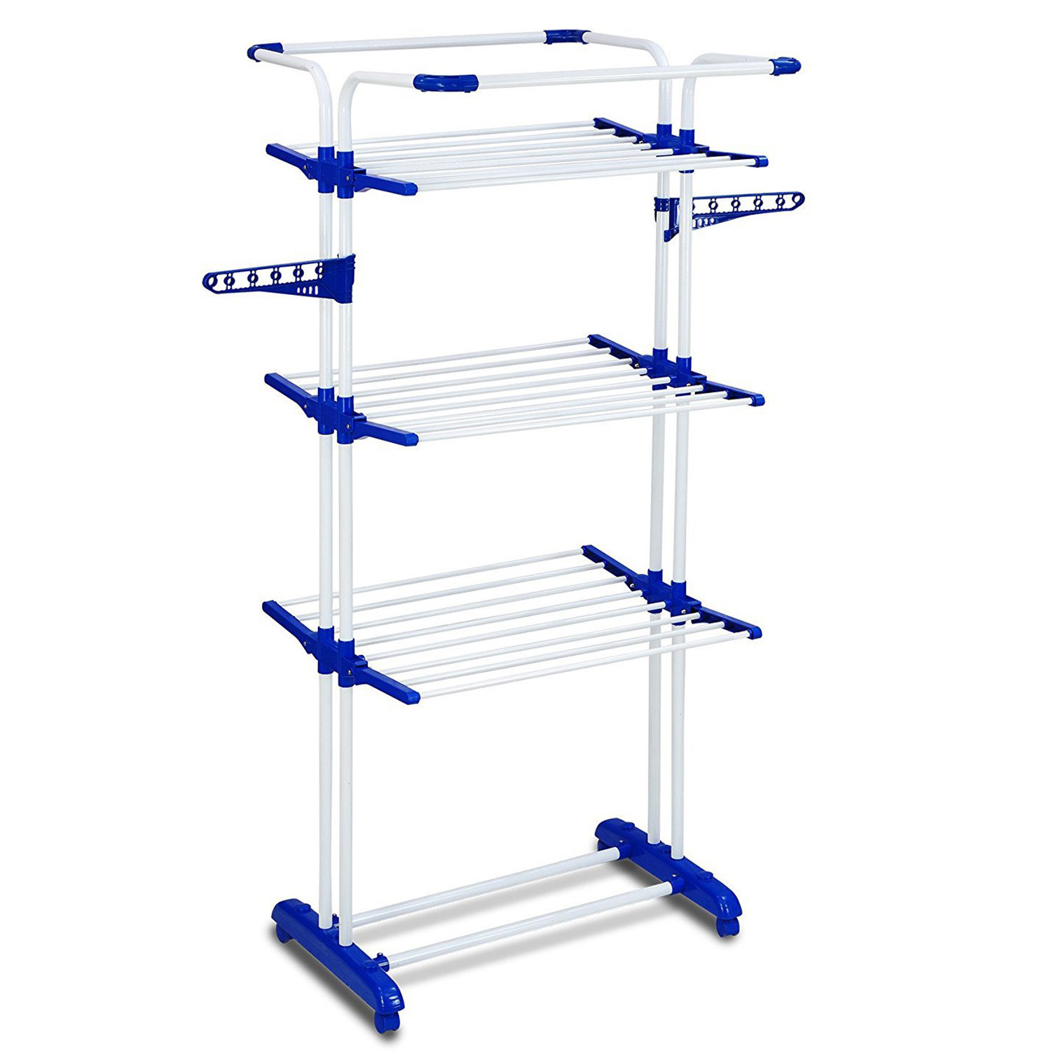 Kuber Industries Stainless Steel 4-Tier Movable Laundry Clothes Rack|Cloth Drying Stand With Wheels for Balcony & Outdoor (Blue)