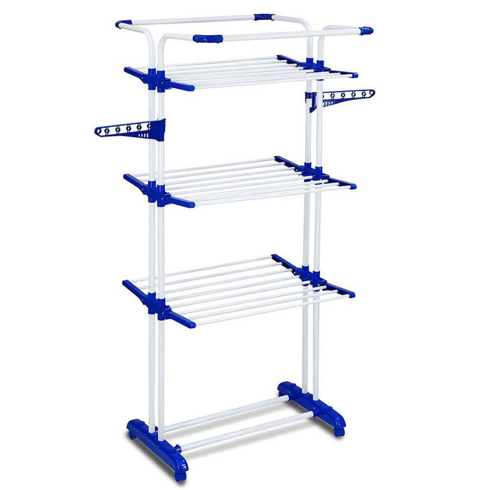 Kuber Industries Stainless Steel 4-Tier Movable Laundry Clothes Rack|Cloth Drying Stand With Wheels for Balcony &amp; Outdoor (Blue)