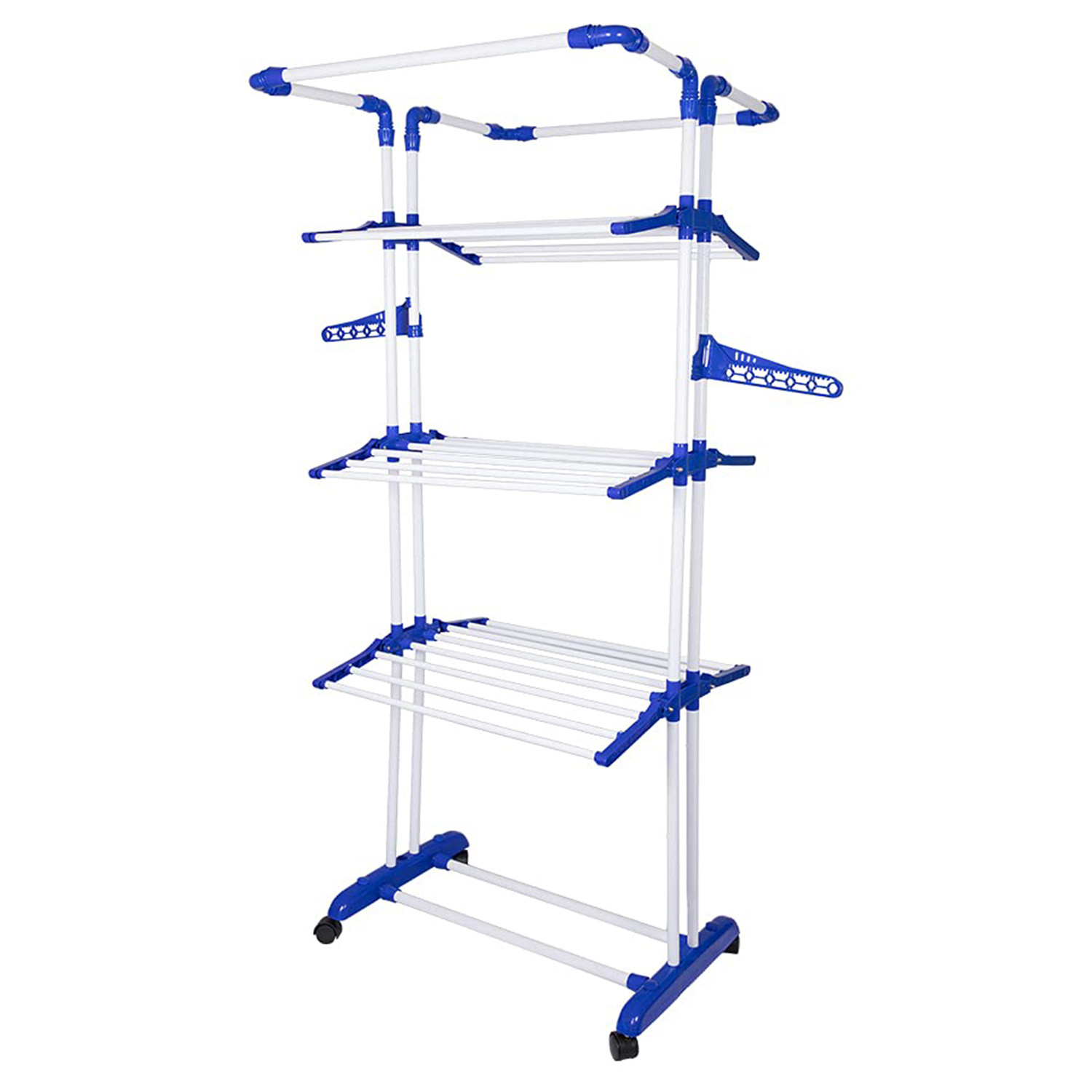 Kuber Industries Stainless Steel 4-Tier Movable Laundry Clothes Rack|Cloth Drying Stand With Wheels for Balcony & Outdoor (Blue)