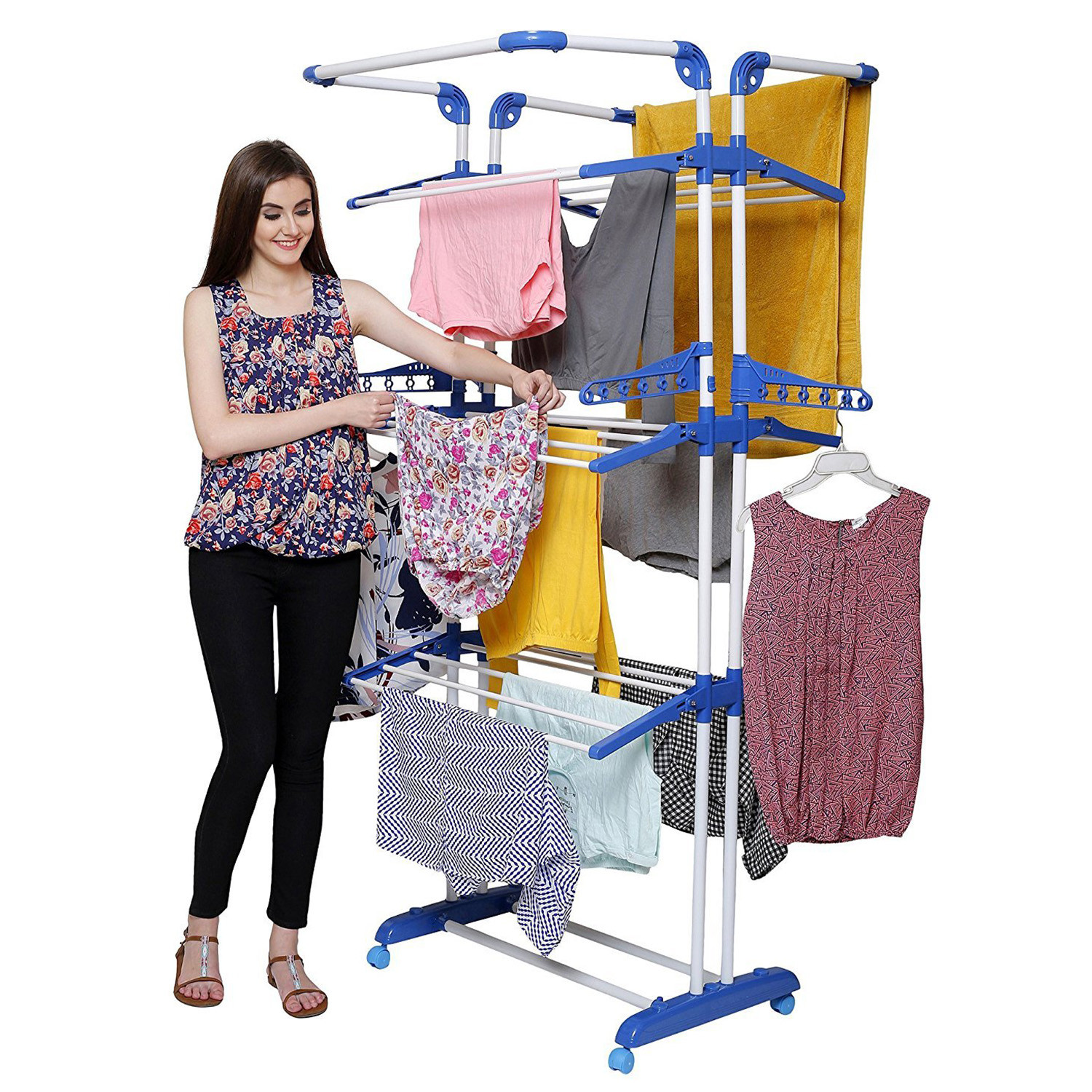 Kuber Industries Stainless Steel 4-Tier Movable Laundry Clothes Rack|Cloth Drying Stand With Wheels for Balcony & Outdoor (Blue)