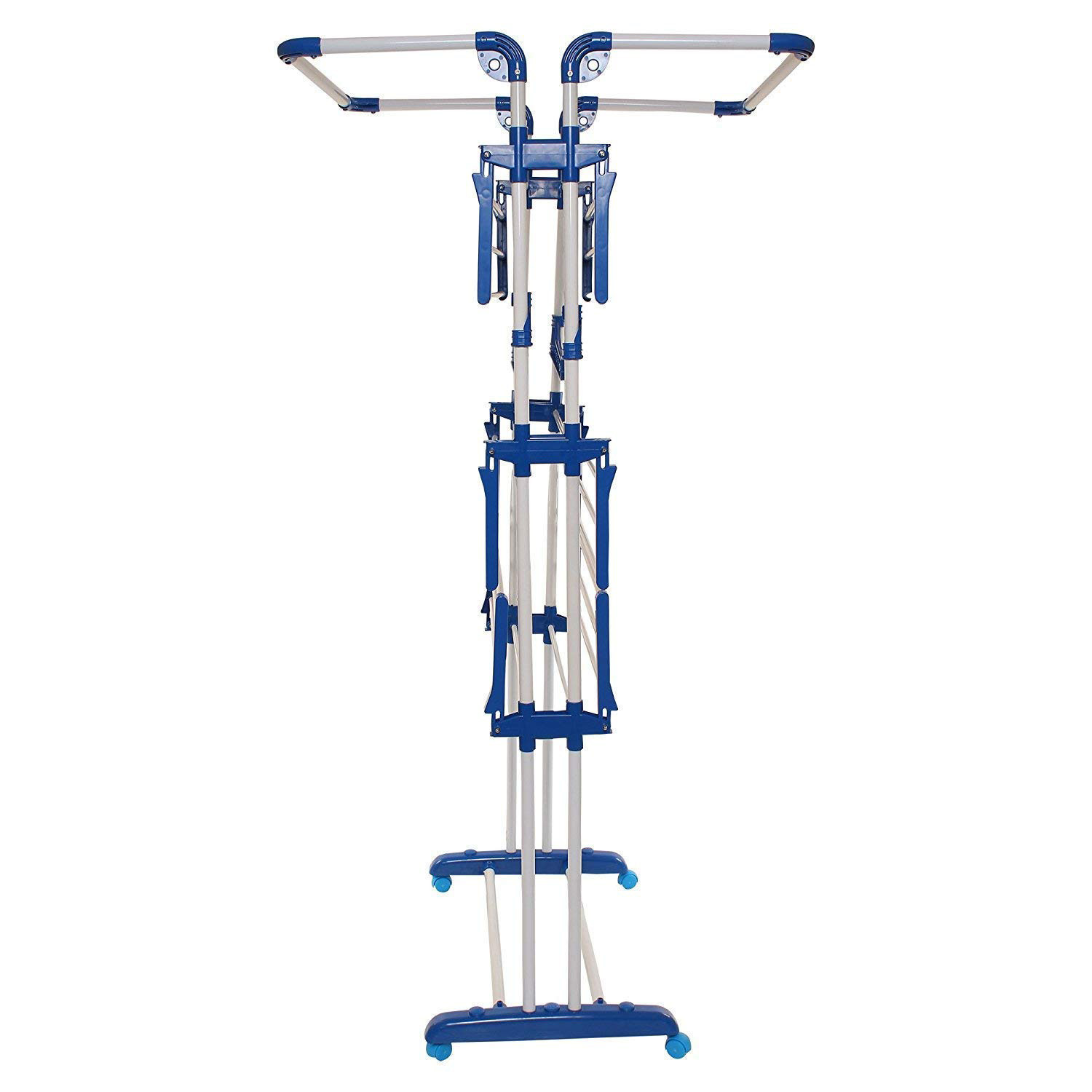 Kuber Industries Stainless Steel 4-Tier Movable Laundry Clothes Rack|Cloth Drying Stand With Wheels for Balcony & Outdoor (Blue)