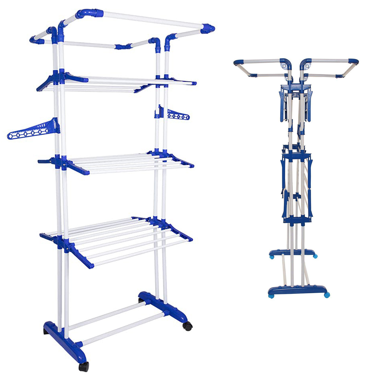 Kuber Industries Stainless Steel 4-Tier Movable Laundry Clothes Rack|Cloth Drying Stand With Wheels for Balcony & Outdoor (Blue)