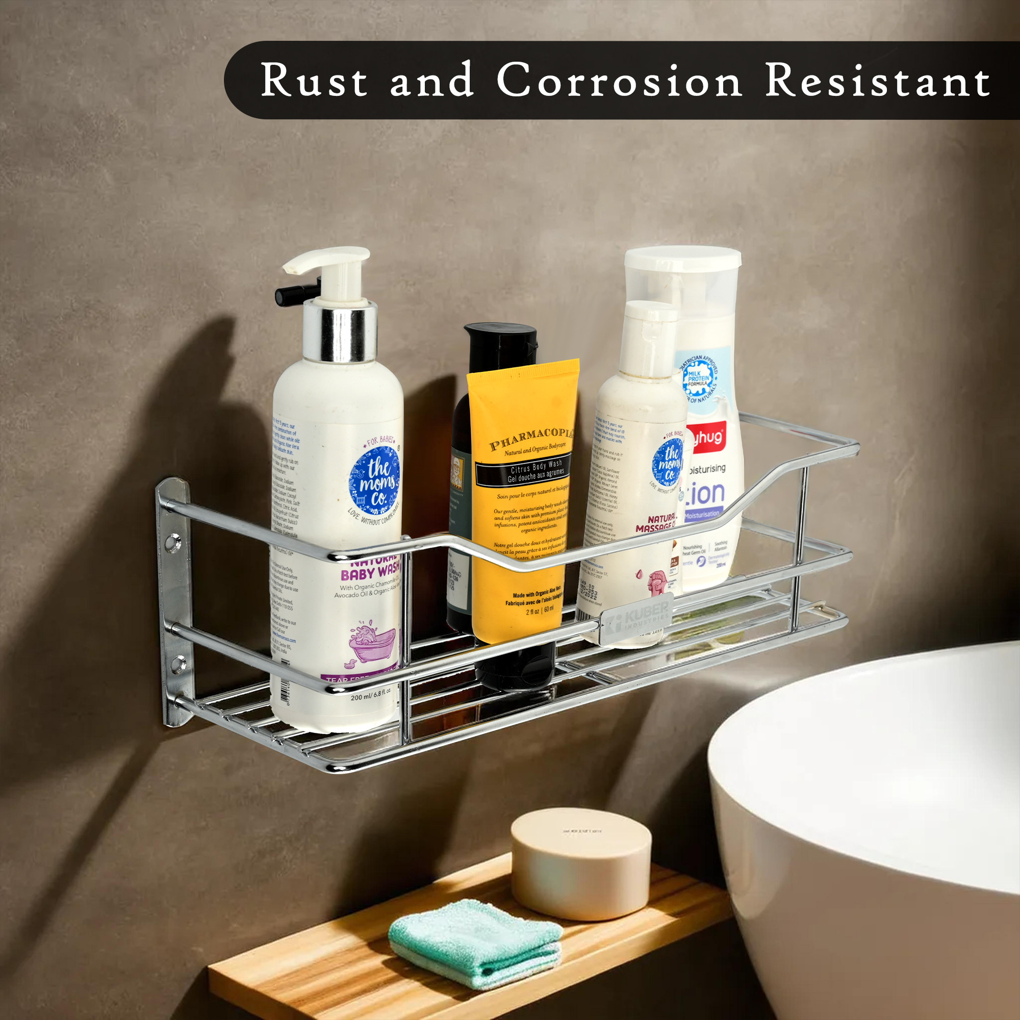 Kuber Industries Stainless Steel Bathroom Shelf for Wall - Washroom Organizer Shampoo Holder Stand  12 Inch Kitchen Storage Rack - Silver