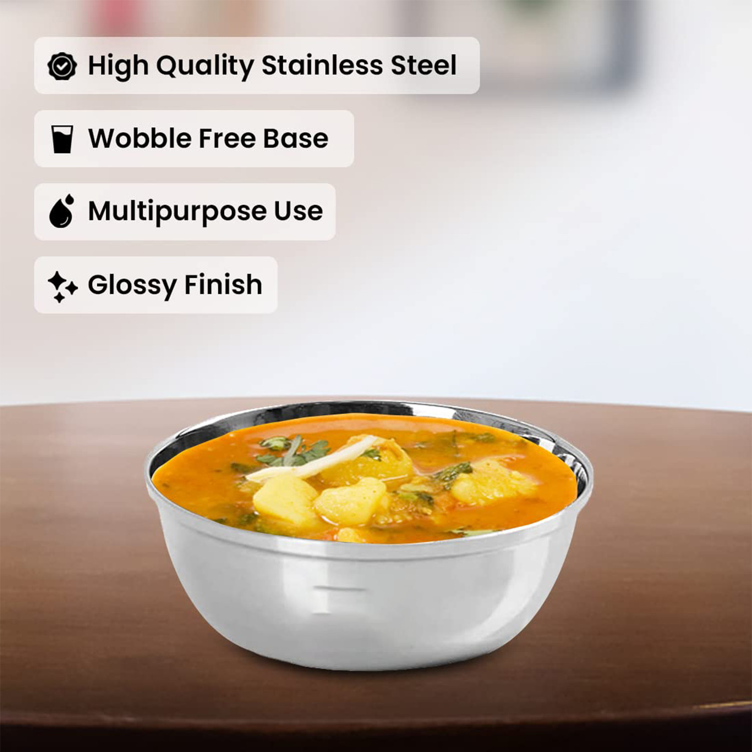 Kuber Industries Stainless Steel Bowl Kitchen Set | Durable & Wobble Free Base | Rust Proof, Easy to Clean & Store | Essential Indian Dinnerware & Crockery | Steel Bowl Set of 6
