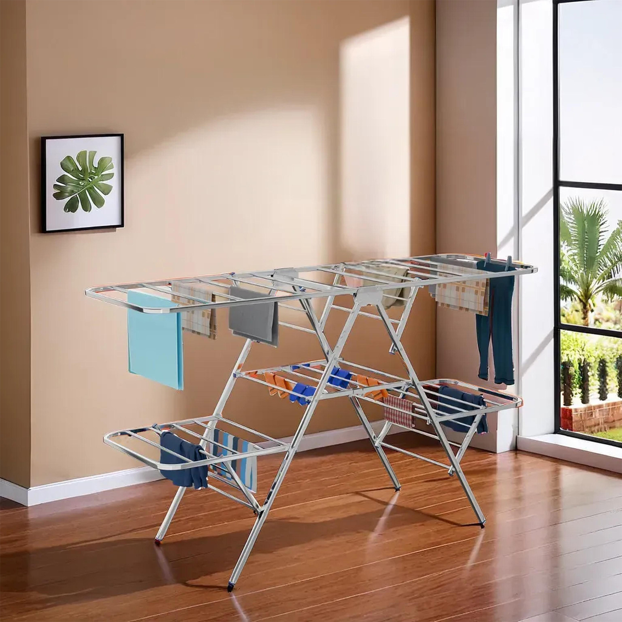 Kuber Industries Stainless Steel Cloth Stand for Drying Clothes Foldable  Double Zig Zag Cloth Dryer Stand for Balcony  Convenient  Smart Design  Winger ss - Silver