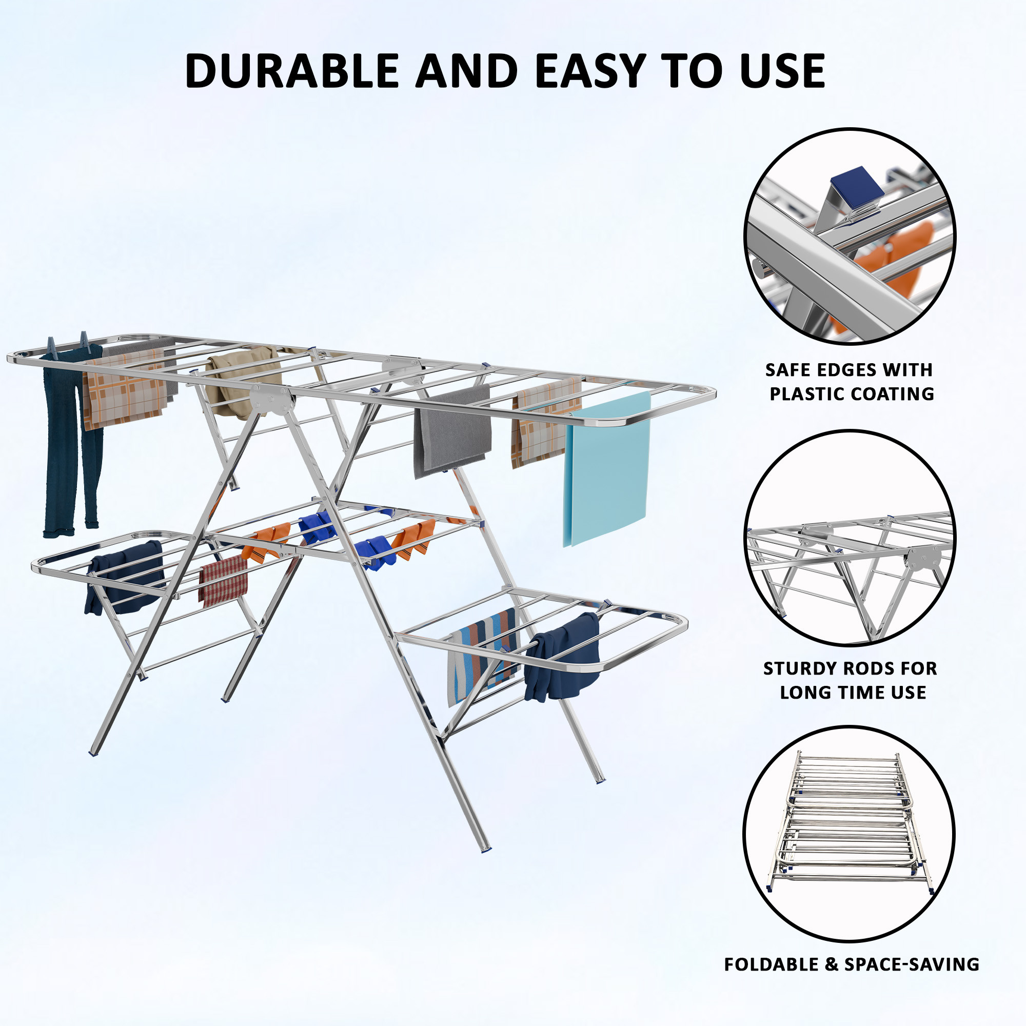 Kuber Industries Stainless Steel Cloth Stand for Drying Clothes Foldable  Double Zig Zag Cloth Dryer Stand for Balcony  Convenient  Smart Design  Winger ss - Silver