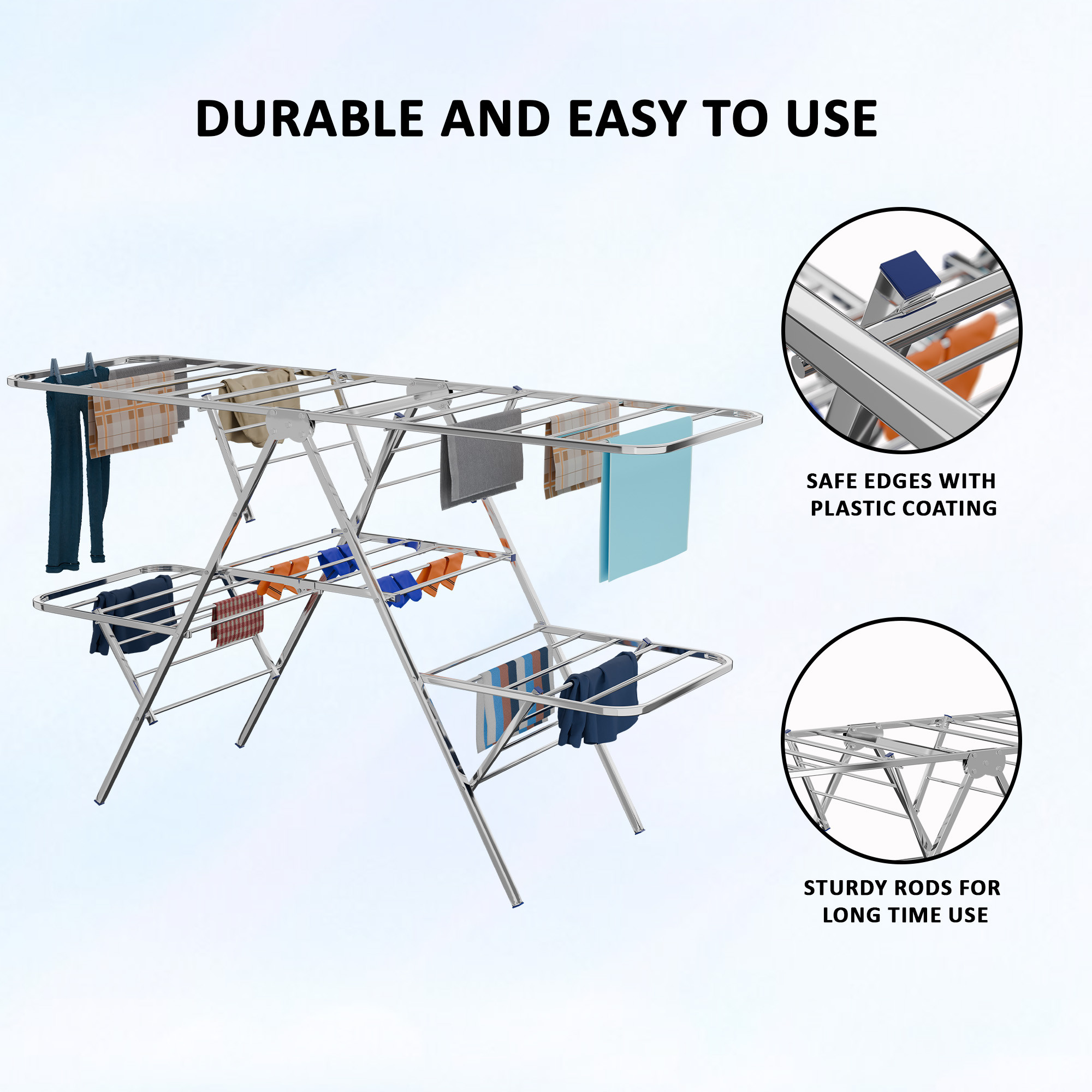 Kuber Industries Stainless Steel Cloth Stand for Drying Clothes Foldable  Double Zig Zag Cloth Dryer Stand for Balcony  Convenient  Smart Design  Winger ss - Silver