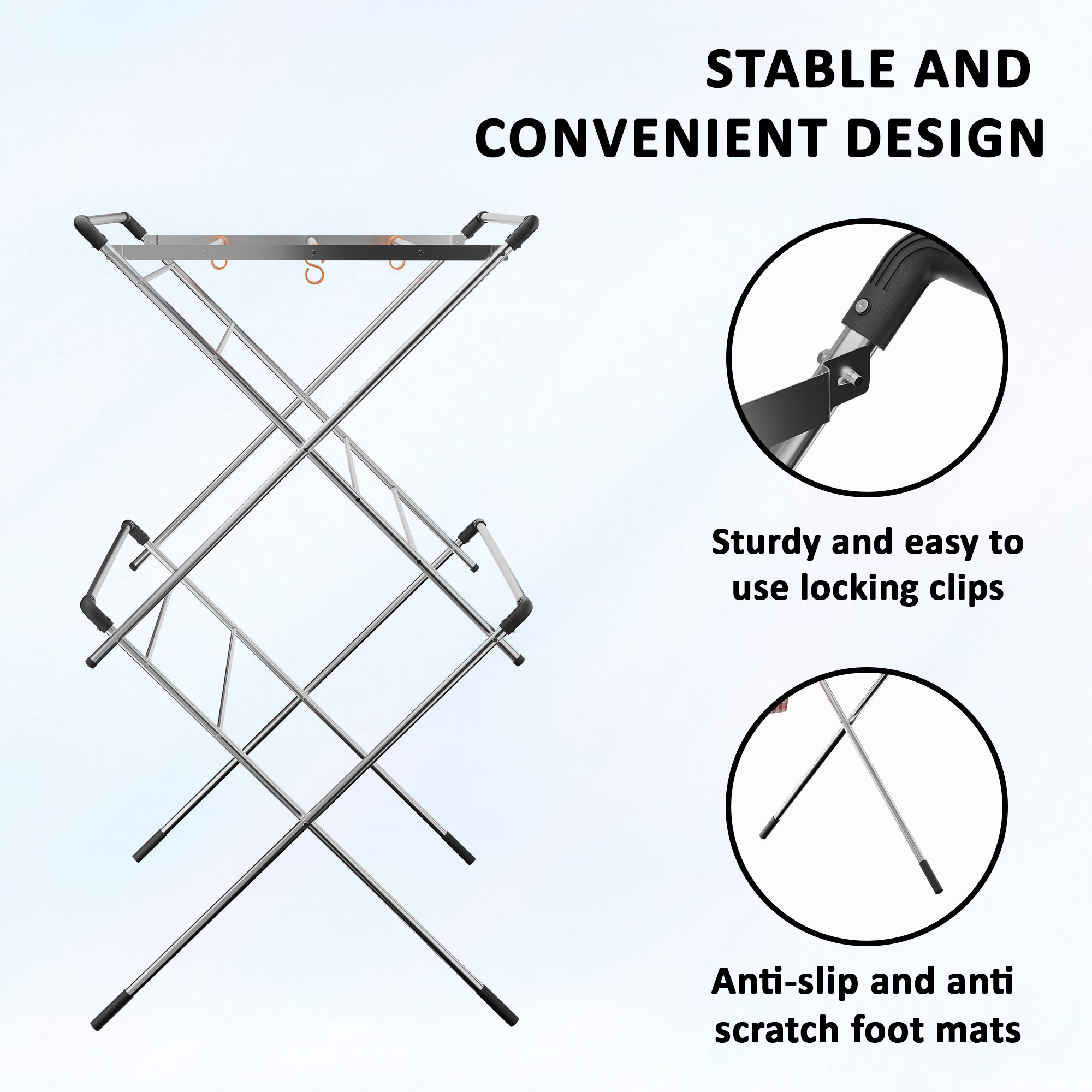 Kuber Industries Stainless Steel Cloth Stand for Drying Clothes Foldable  Zig Zag Cloth Dryer Stand for Balcony  Smart Design with 6 Adjustable Hooks and 16 Rods  Black  Silver