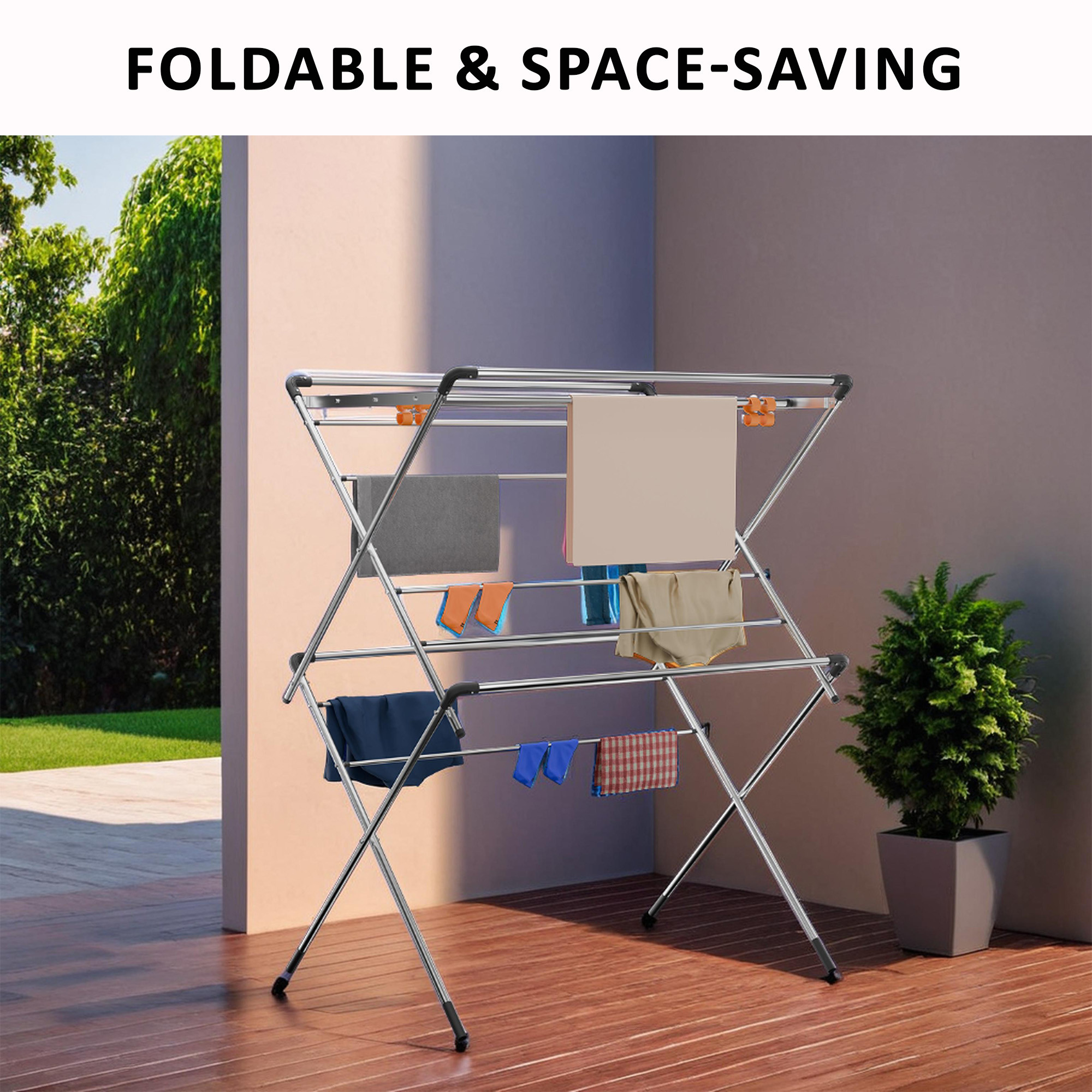 Kuber Industries Stainless Steel Cloth Stand for Drying Clothes Foldable  Zig Zag Cloth Dryer Stand for Balcony  Smart Design with 6 Adjustable Hooks and 16 Rods  Black  Silver