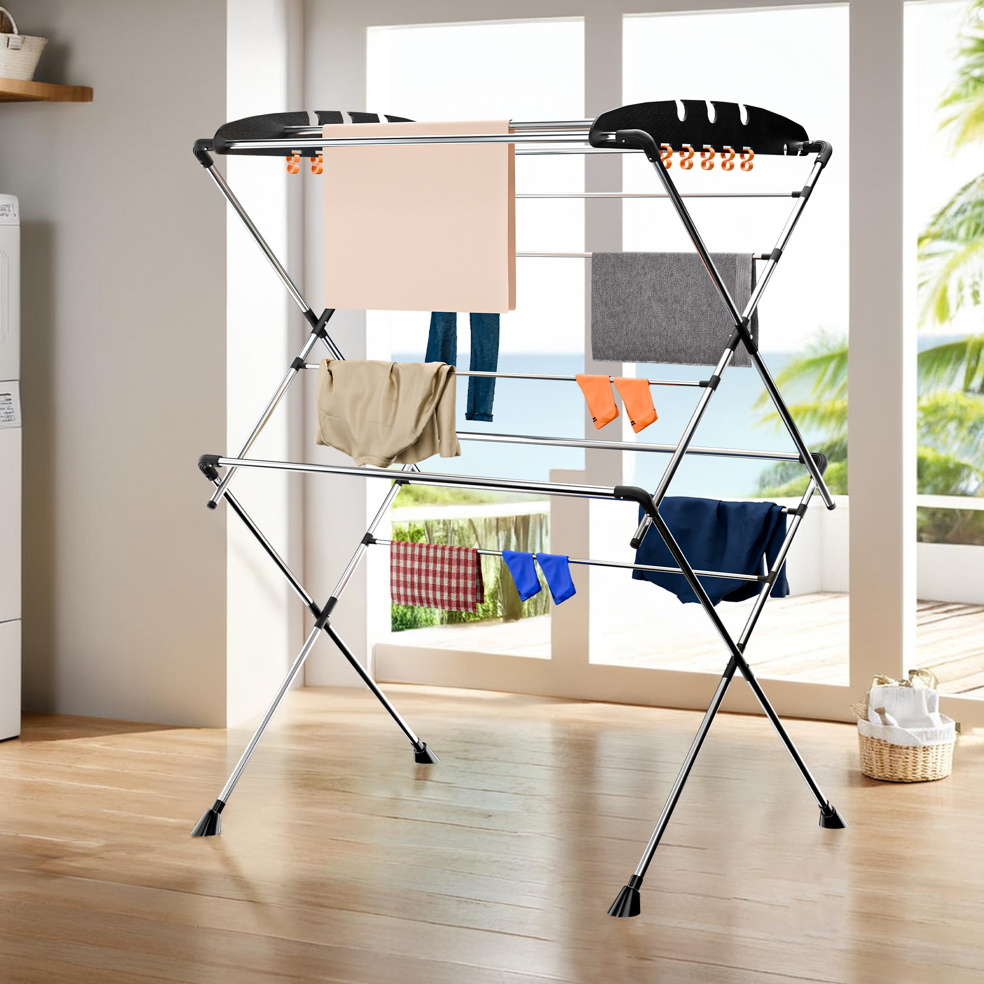 Kuber Industries Stainless Steel Cloth Stand for Drying Clothes Foldable  Zig Zag Cloth Dryer Stand for Balcony  Smart Design with 13 Hanger Rods and 10 Additional Hooks  Black  Silver