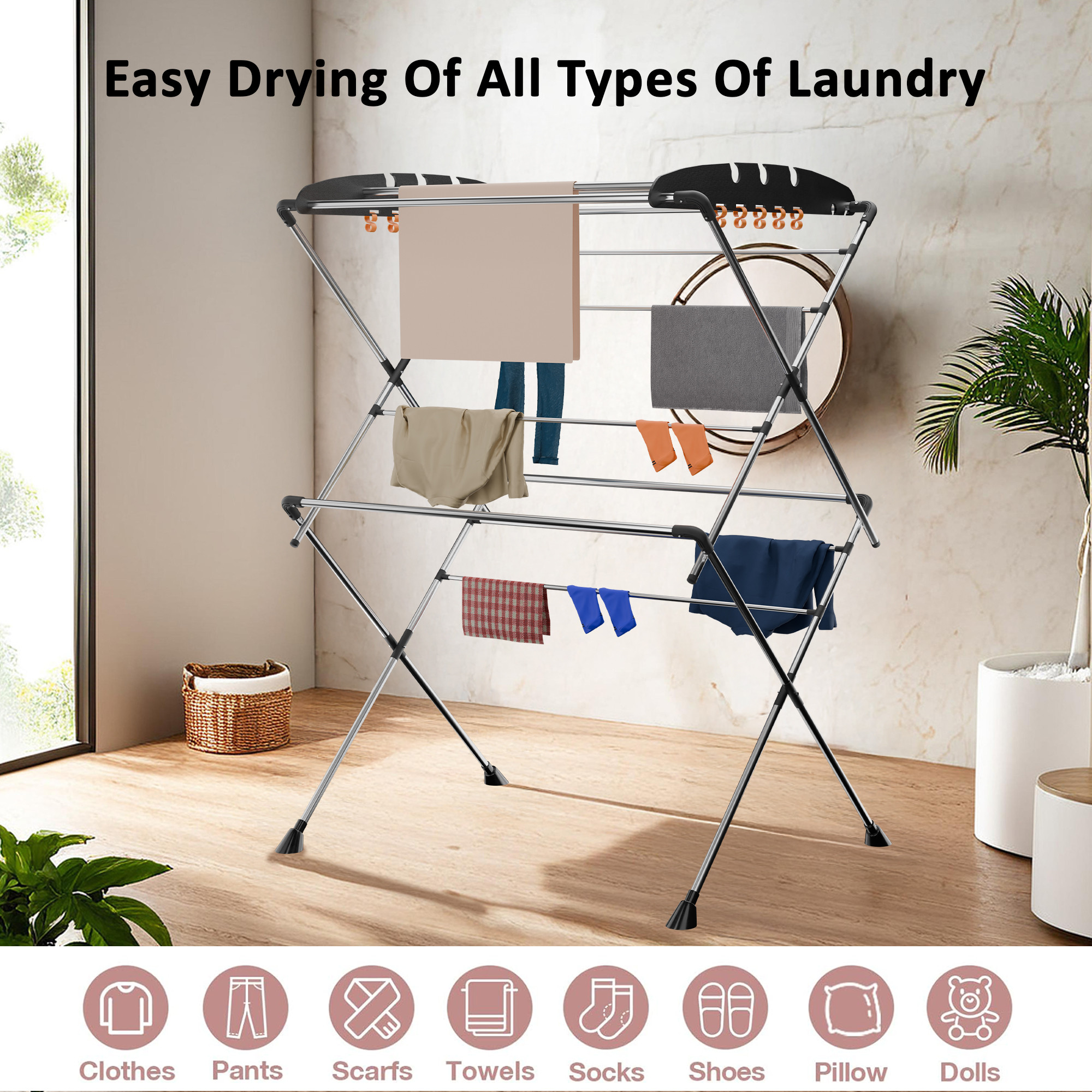 Kuber Industries Stainless Steel Cloth Stand for Drying Clothes Foldable  Zig Zag Cloth Dryer Stand for Balcony  Smart Design with 13 Hanger Rods and 10 Additional Hooks  Black  Silver