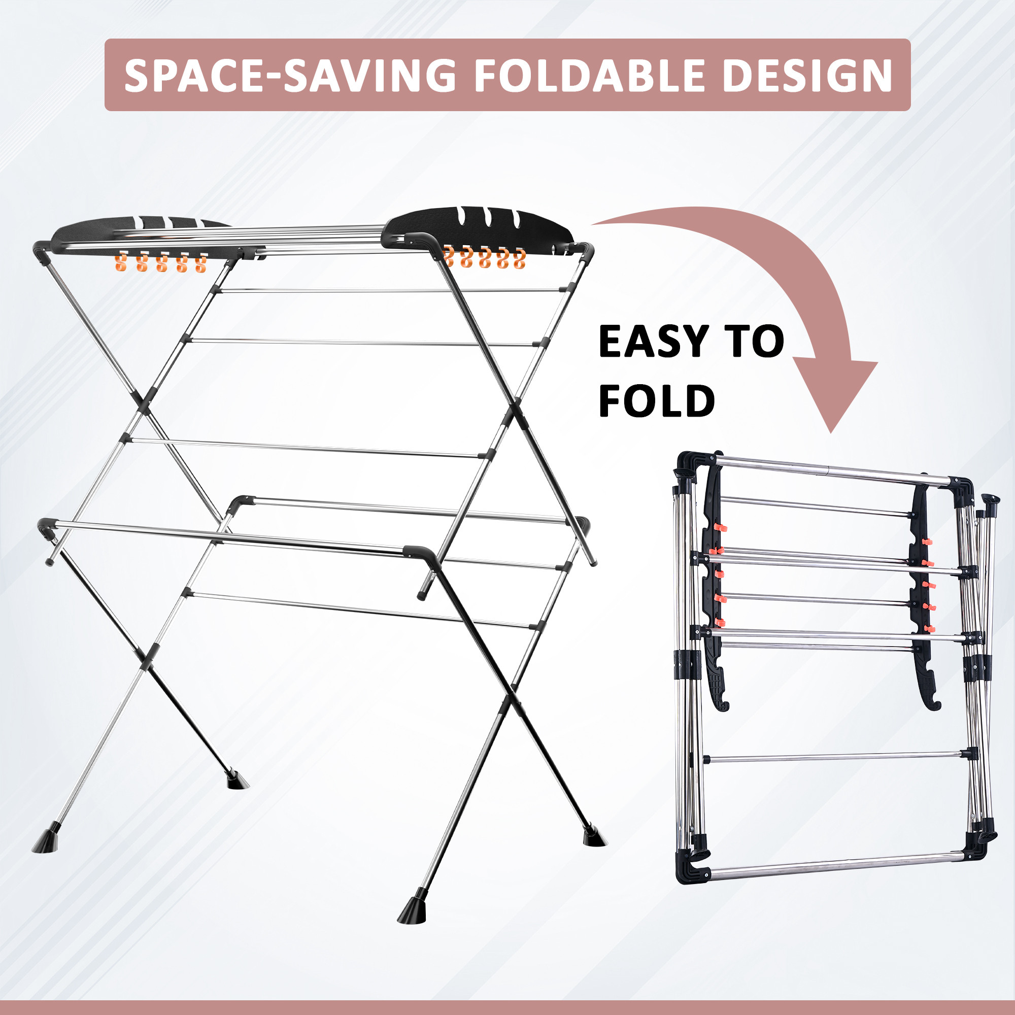 Kuber Industries Stainless Steel Cloth Stand for Drying Clothes Foldable  Zig Zag Cloth Dryer Stand for Balcony  Smart Design with 13 Hanger Rods and 10 Additional Hooks  Black  Silver