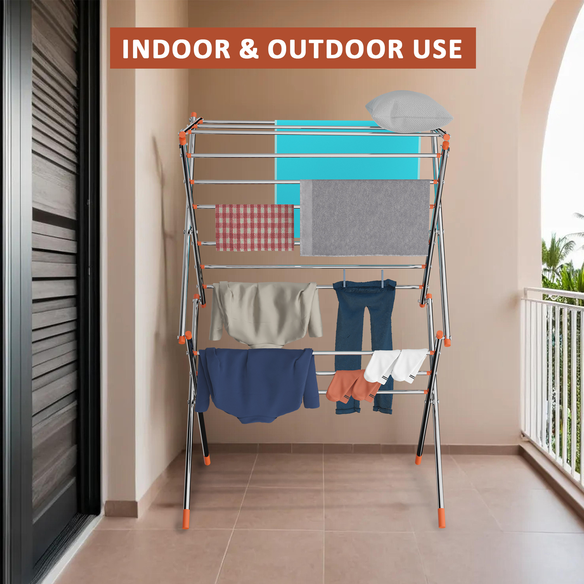 Kuber Industries Stainless Steel Cloth Stand for Drying Clothes Foldable  Zig Zag Cloth Dryer Stand for Balcony  Smart Design with 13 Hanger Rods  Silver