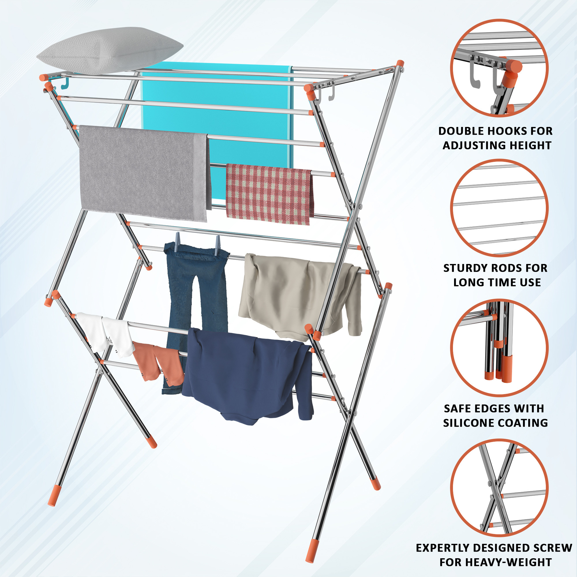 Kuber Industries Stainless Steel Cloth Stand for Drying Clothes Foldable  Zig Zag Cloth Dryer Stand for Balcony  Smart Design with 13 Hanger Rods  Silver
