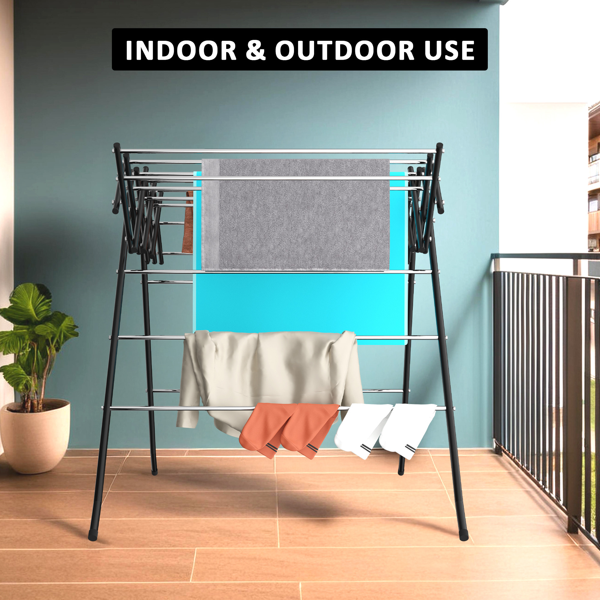 Kuber Industries Stainless Steel Cloth Stand for Drying Clothes Foldable  Zig Zag Cloth Dryer Stand for Balcony  Smart Design with 17 Hanger Rods  2 Sided Hanger  Black