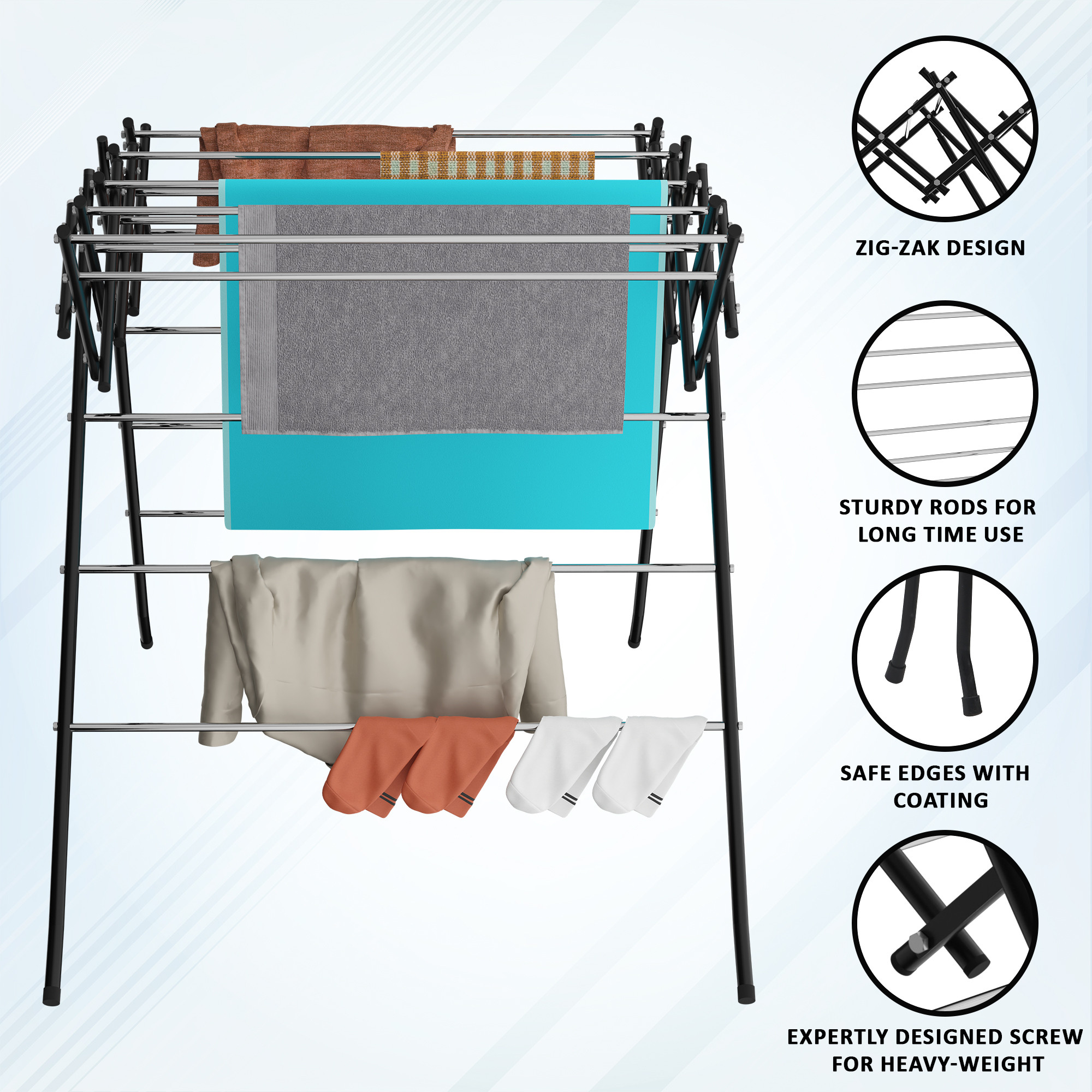 Kuber Industries Stainless Steel Cloth Stand for Drying Clothes Foldable  Zig Zag Cloth Dryer Stand for Balcony  Smart Design with 17 Hanger Rods  2 Sided Hanger  Black