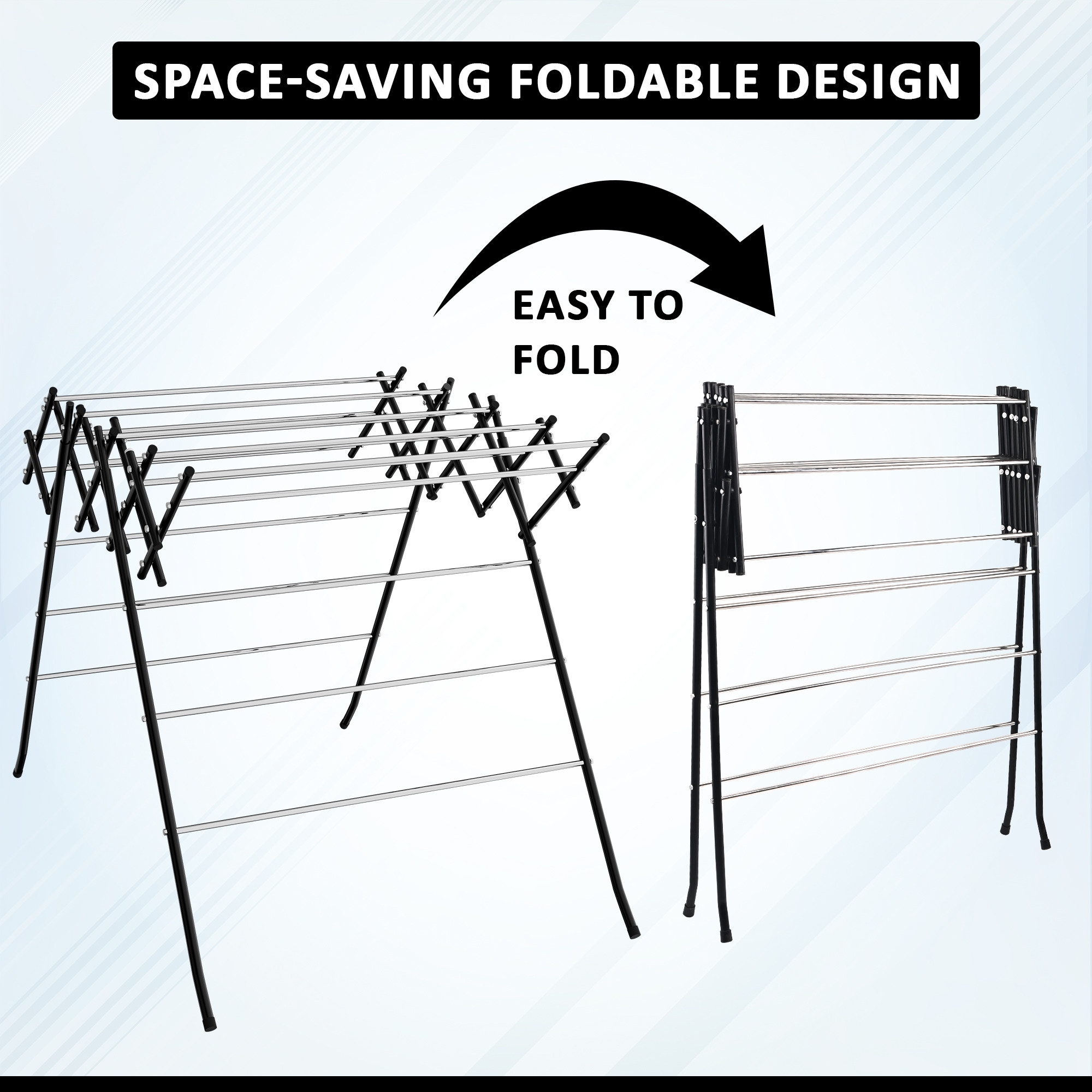 Kuber Industries Stainless Steel Cloth Stand for Drying Clothes Foldable  Zig Zag Cloth Dryer Stand for Balcony  Smart Design with 17 Hanger Rods  2 Sided Hanger  Black