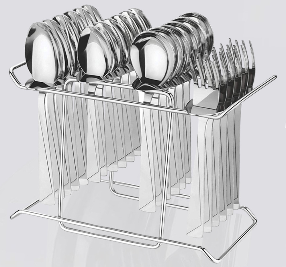 Kuber Industries Stainless Steel Cutlery Set, 6 Table Spoons, 6 Tea Spoons, 6 Forks, 6 Knives, 1 Stand,Set of 24 - Silver-KUBMART1334