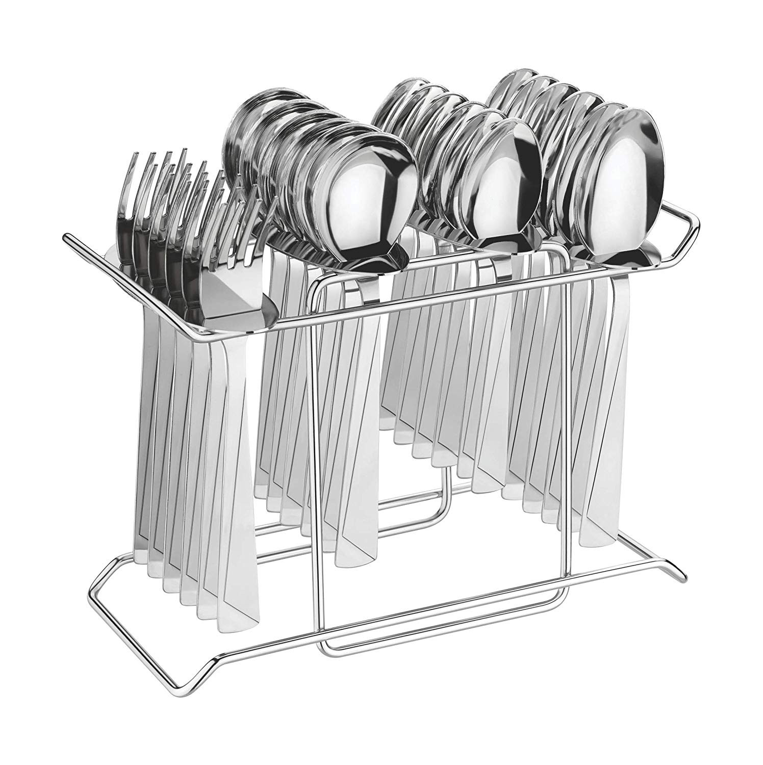 Kuber Industries Stainless Steel Cutlery Set, 6 Table Spoons, 6 Tea Spoons, 6 Forks, 6 Knives, 1 Stand,Set of 24 - Silver-KUBMART1334