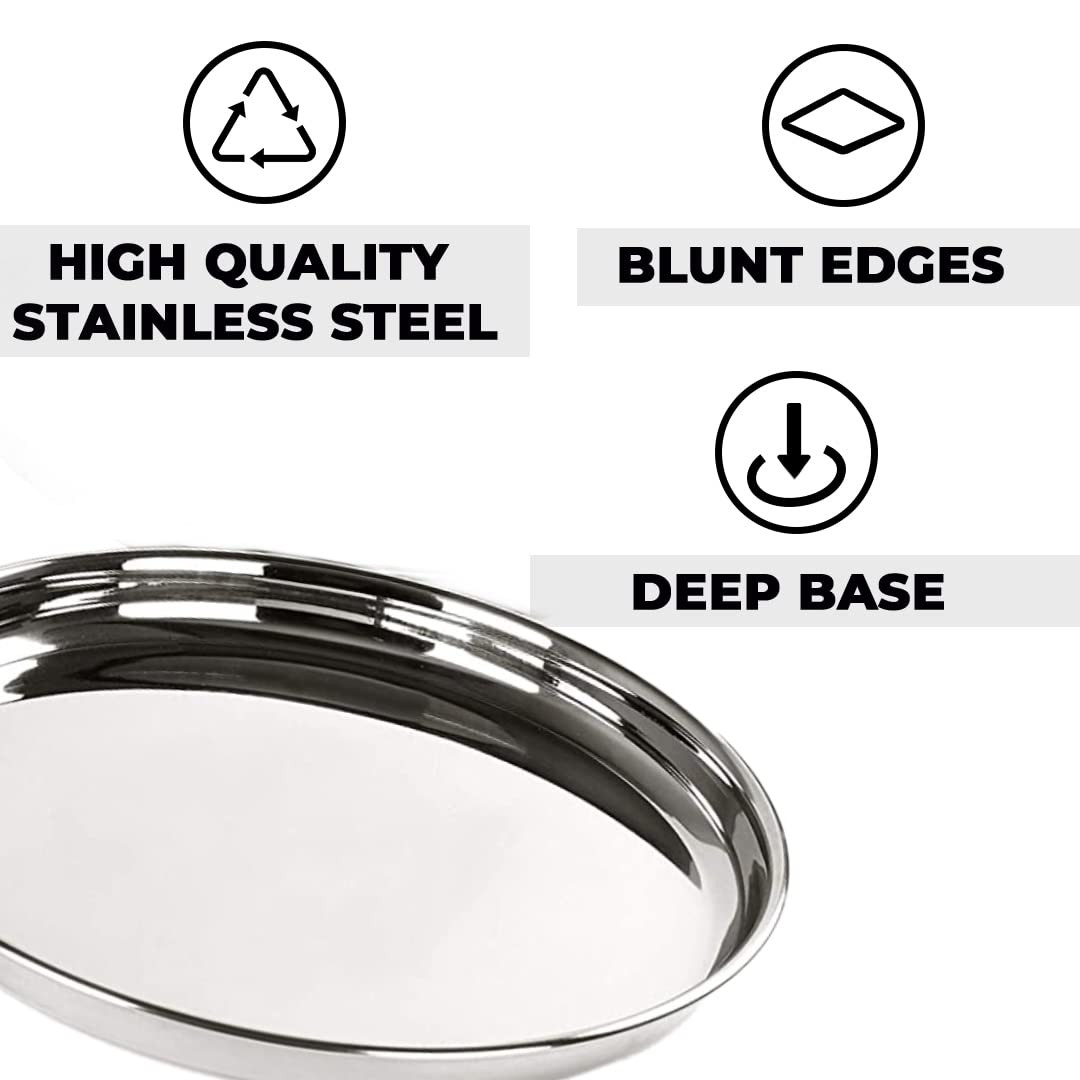 Kuber Industries Stainless Steel Dining Plate Set | Blunt Edges, Deep Base | Glossy Finish, Durable, Easy to Clean | Steel Plates for Lunch, Breakfast, Dinner | Set of 4
