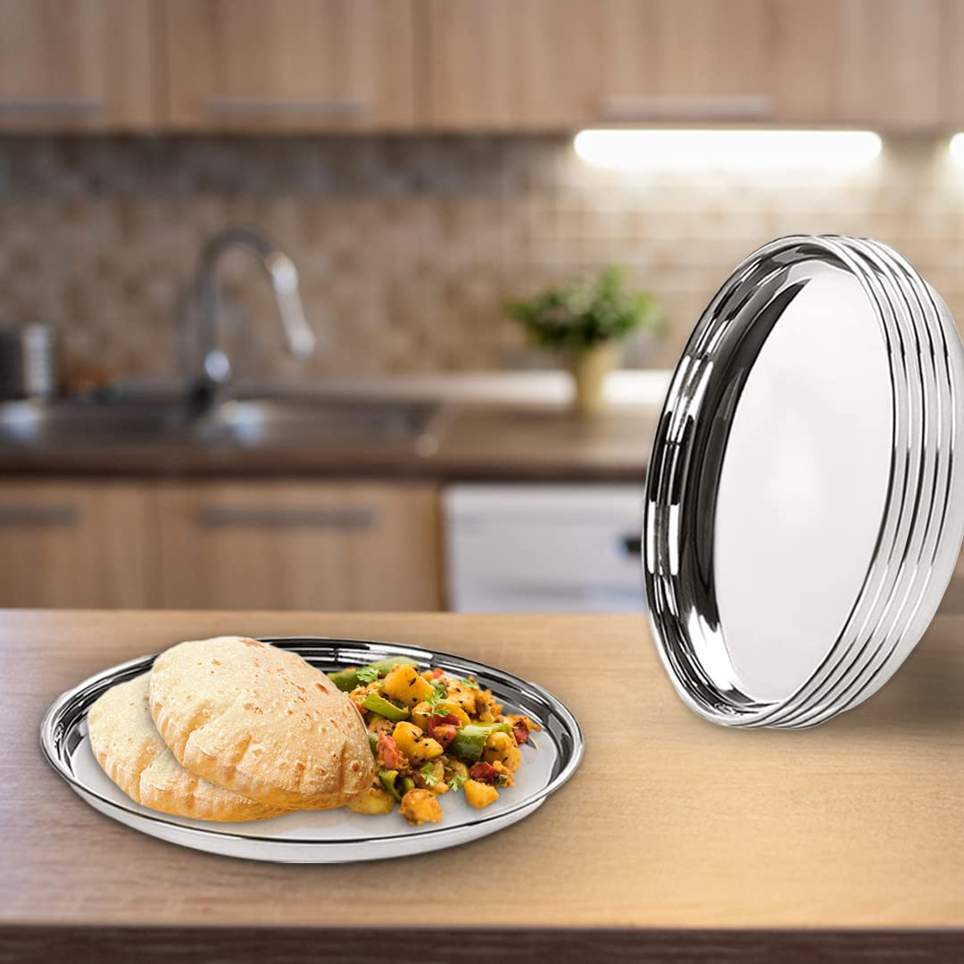 Kuber Industries Stainless Steel Dinner Plates Set of 6 | 29 cm Dia I Heavy Gauge & Deep Base | Mirror Finish | Multi Purpose Steel Thali Set of 6