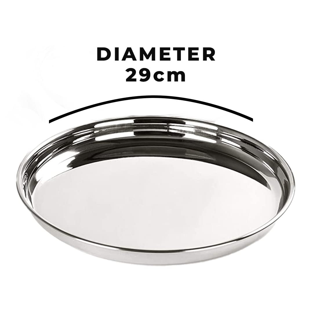 Kuber Industries Stainless Steel Dinner Plates Set of 6 | 29 cm Dia I Heavy Gauge & Deep Base | Mirror Finish | Multi Purpose Steel Thali Set of 6
