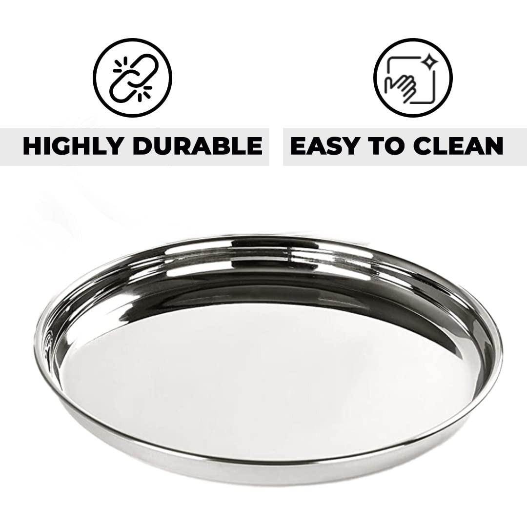 Kuber Industries Stainless Steel Dinner Plates Set of 6 | 29 cm Dia I Heavy Gauge & Deep Base | Mirror Finish | Multi Purpose Steel Thali Set of 6