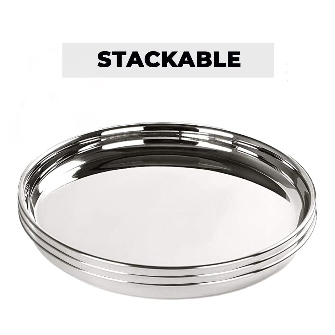 Kuber Industries Stainless Steel Dinner Plates Set of 6 | 29 cm Dia I Heavy Gauge & Deep Base | Mirror Finish | Multi Purpose Steel Thali Set of 6