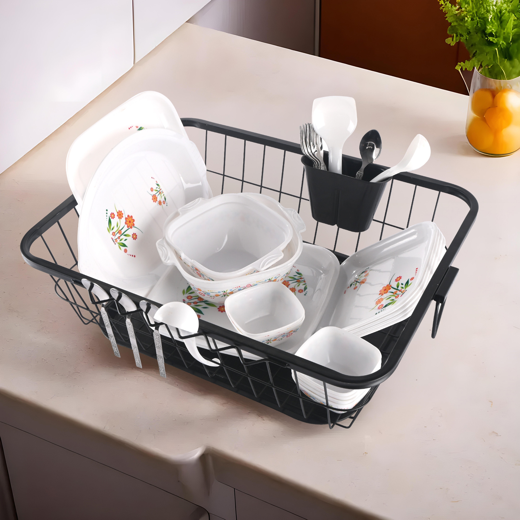 Kuber Industries Stainless Steel Dish Drying Rack For Kitchen With Water Strainer Tray  Vessel Drainer Basket  Bartan StandTokra With Handles  Black