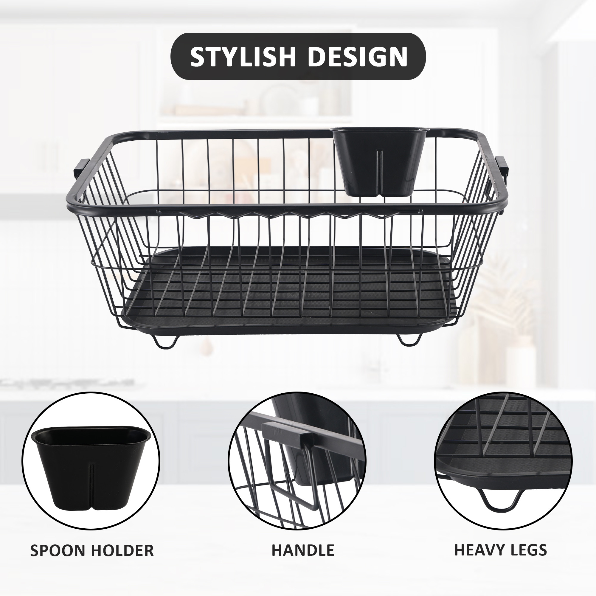 Kuber Industries Stainless Steel Dish Drying Rack For Kitchen With Water Strainer Tray  Vessel Drainer Basket  Bartan StandTokra With Handles  Black
