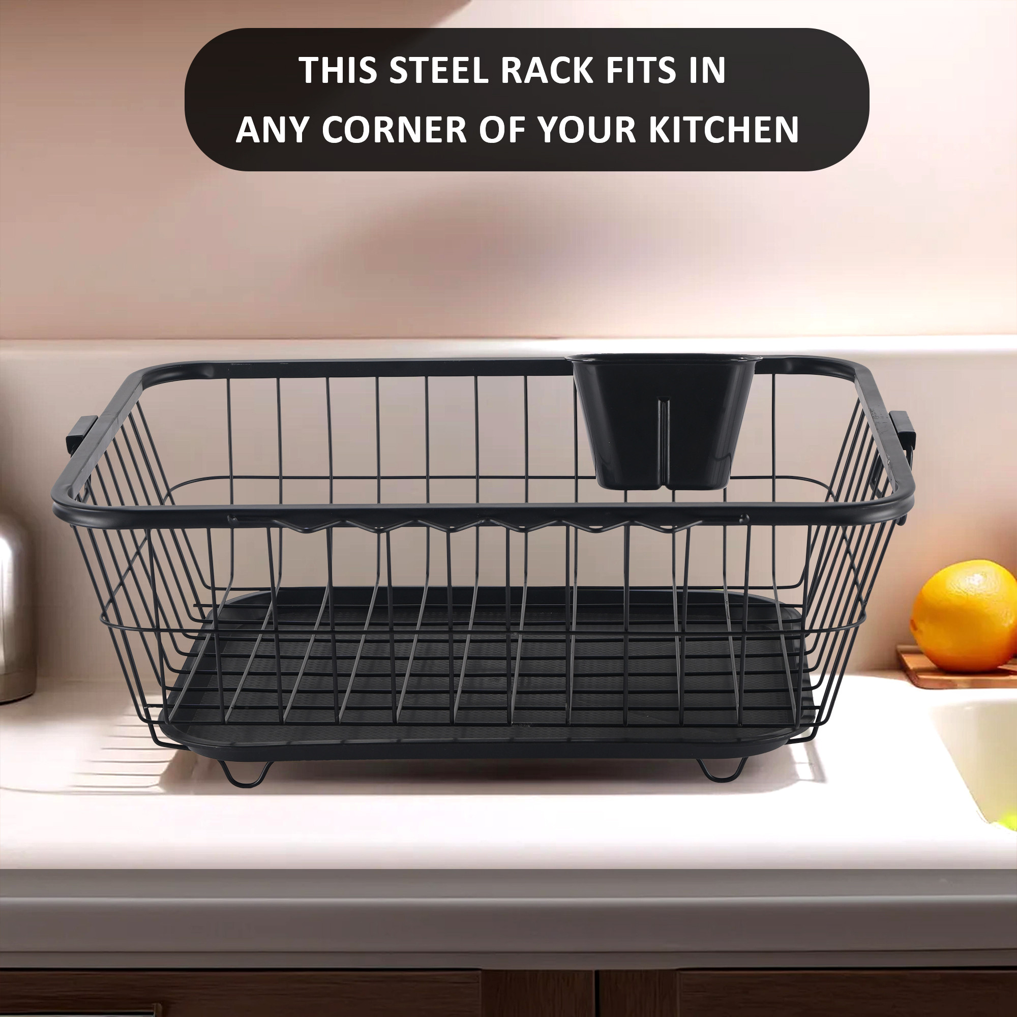 Kuber Industries Stainless Steel Dish Drying Rack For Kitchen With Water Strainer Tray  Vessel Drainer Basket  Bartan StandTokra With Handles  Black