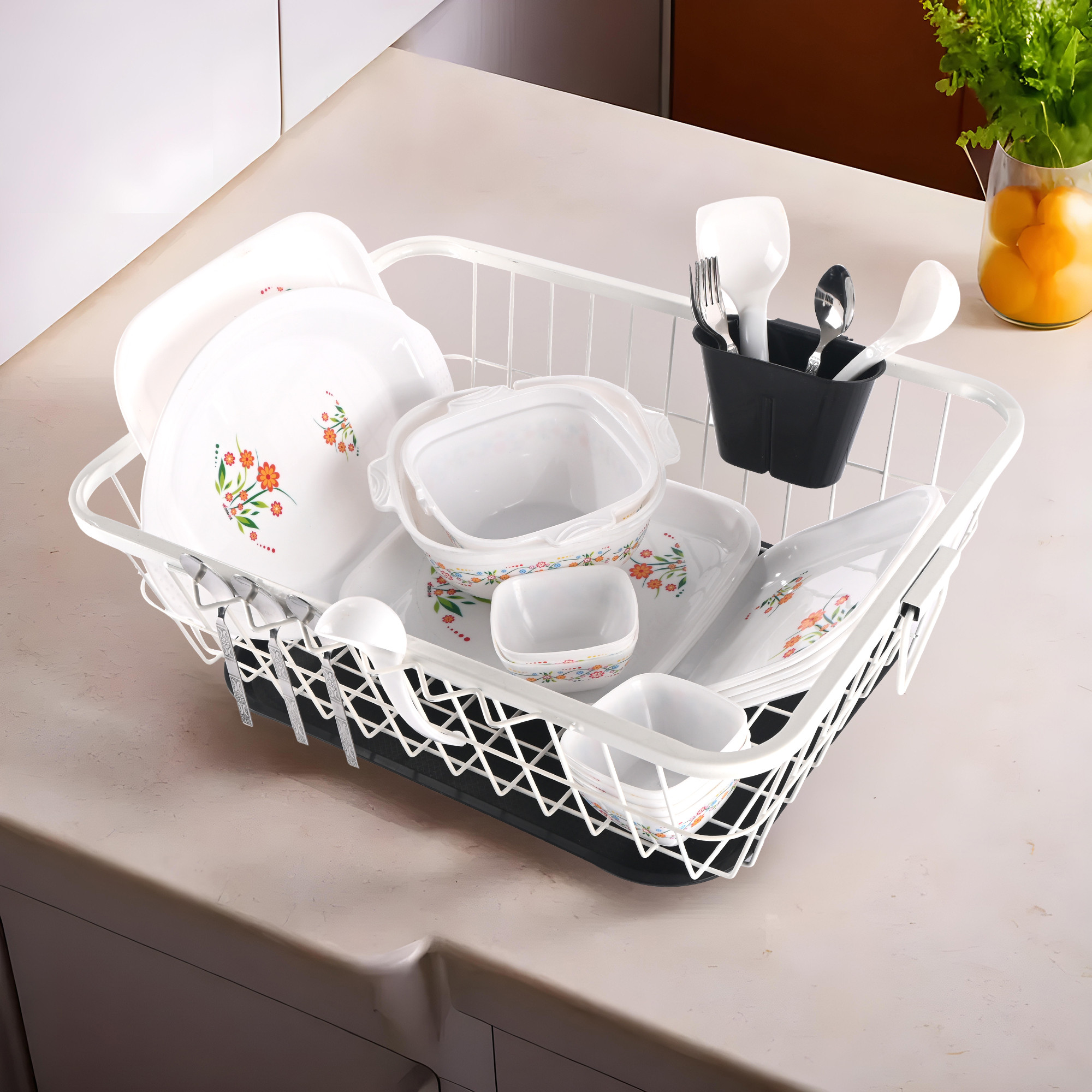 Kuber Industries Stainless Steel Dish Drying Rack For Kitchen With Water Strainer Tray  Vessel Drainer Basket  Bartan StandTokra With Handles  White