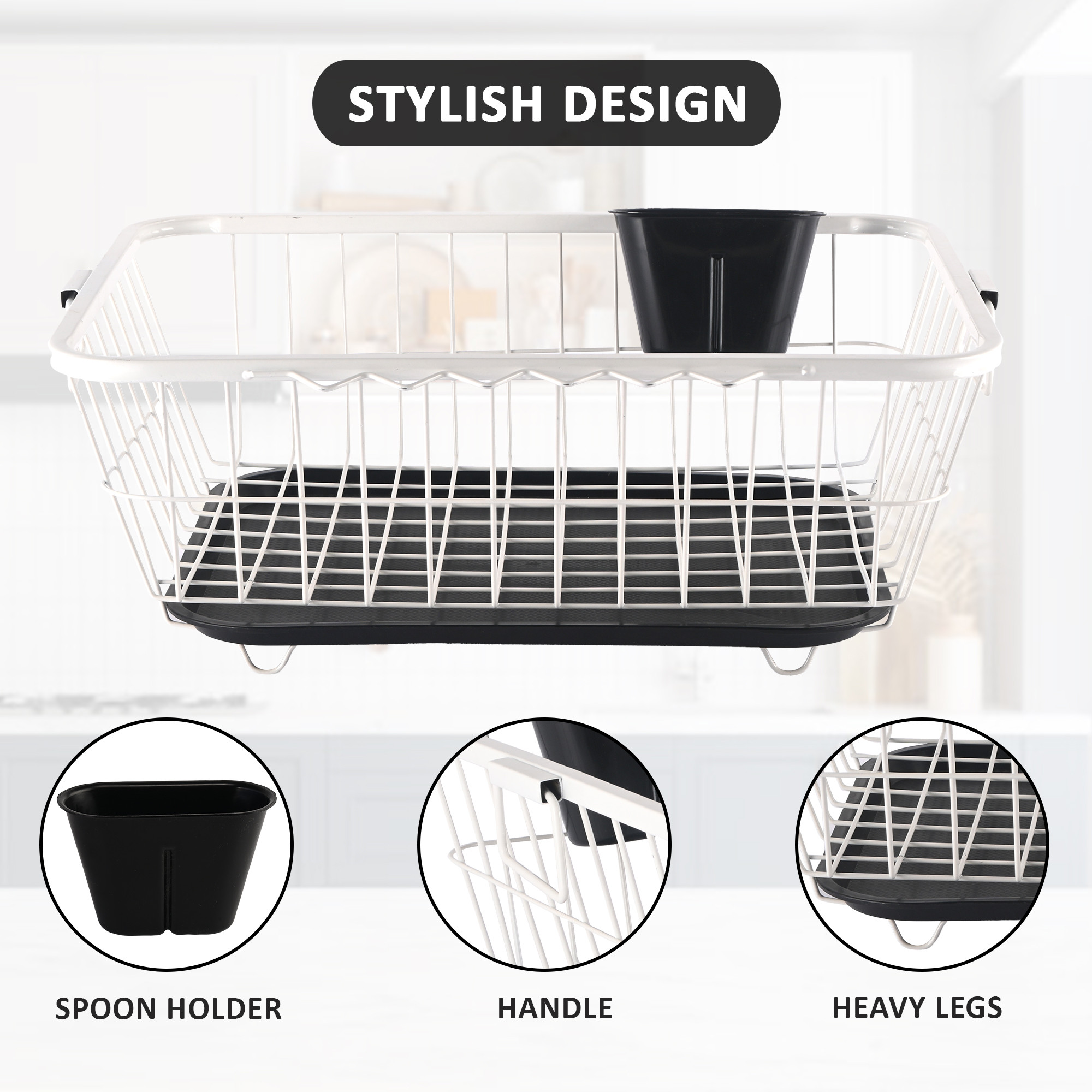 Kuber Industries Stainless Steel Dish Drying Rack For Kitchen With Water Strainer Tray  Vessel Drainer Basket  Bartan StandTokra With Handles  White