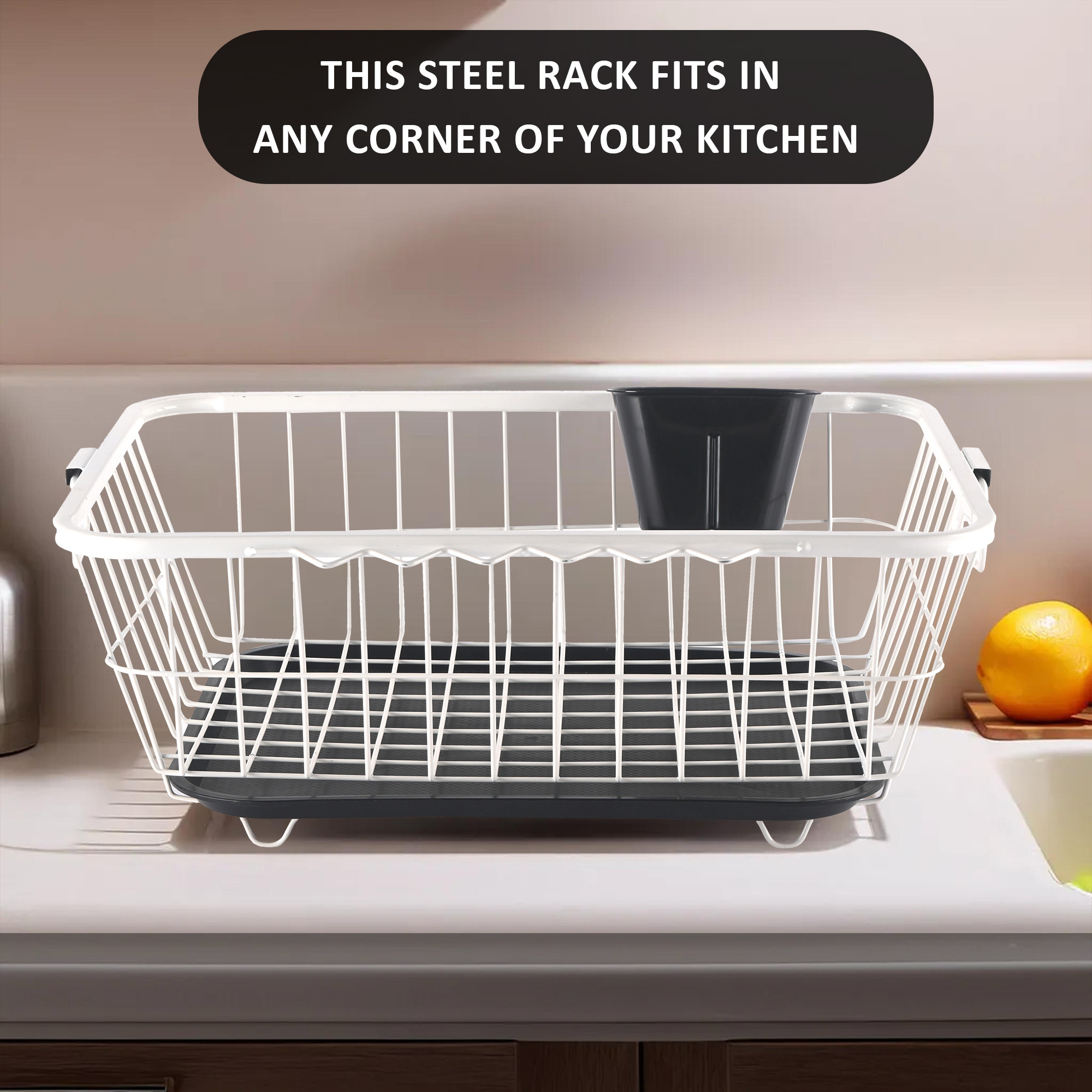 Kuber Industries Stainless Steel Dish Drying Rack For Kitchen With Water Strainer Tray  Vessel Drainer Basket  Bartan StandTokra With Handles  White