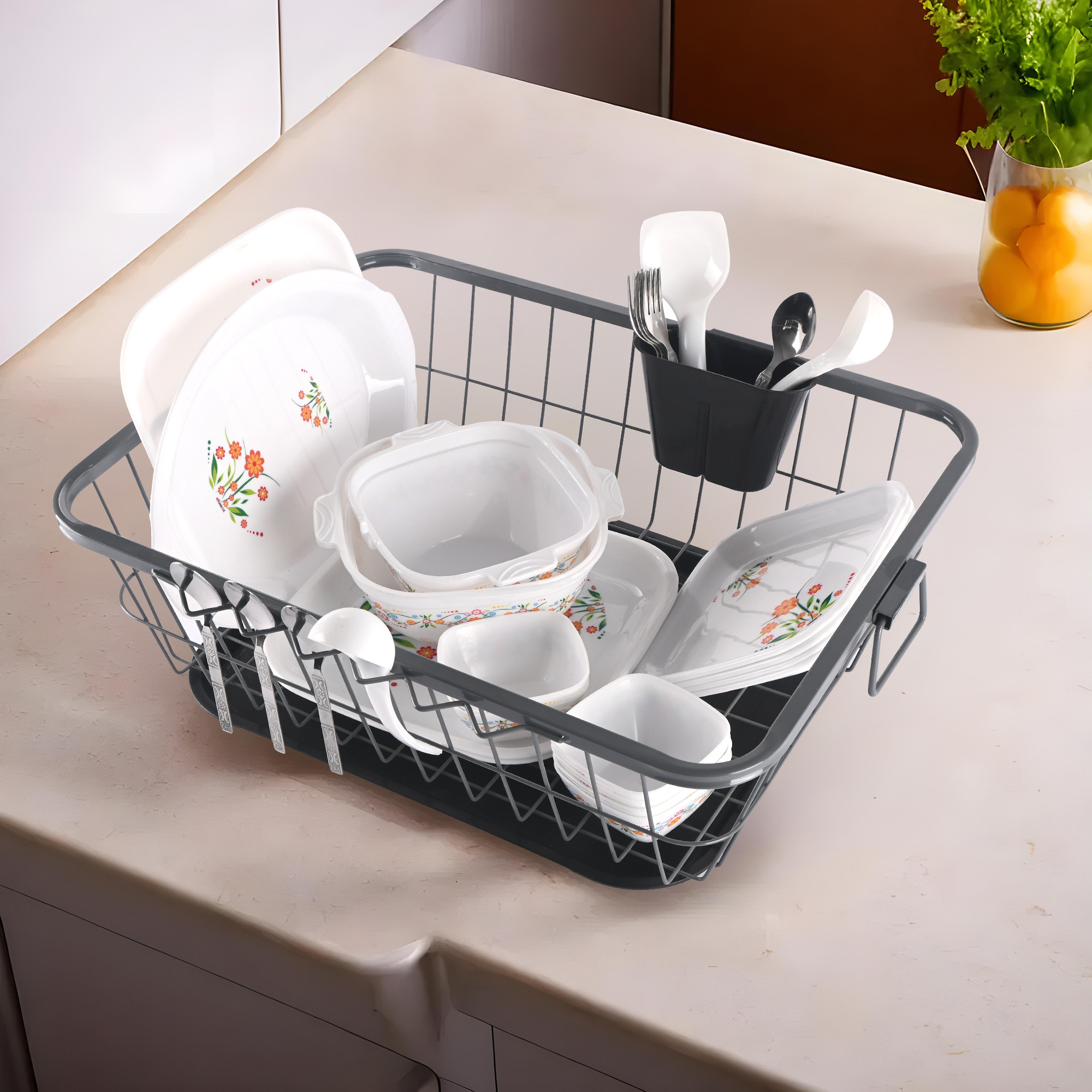 Kuber Industries Stainless Steel Dish Drying Rack For Kitchen With Water Strainer Tray  Vessel Drainer Basket  Bartan StandTokra With Handles  Grey