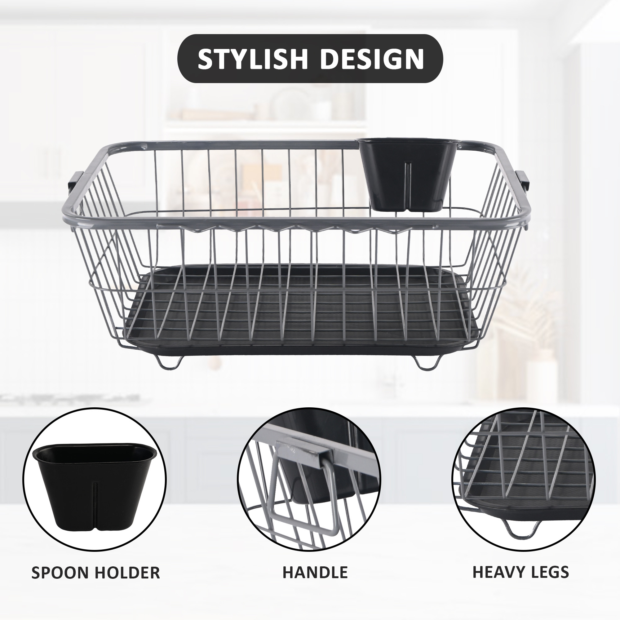 Kuber Industries Stainless Steel Dish Drying Rack For Kitchen With Water Strainer Tray  Vessel Drainer Basket  Bartan StandTokra With Handles  Grey