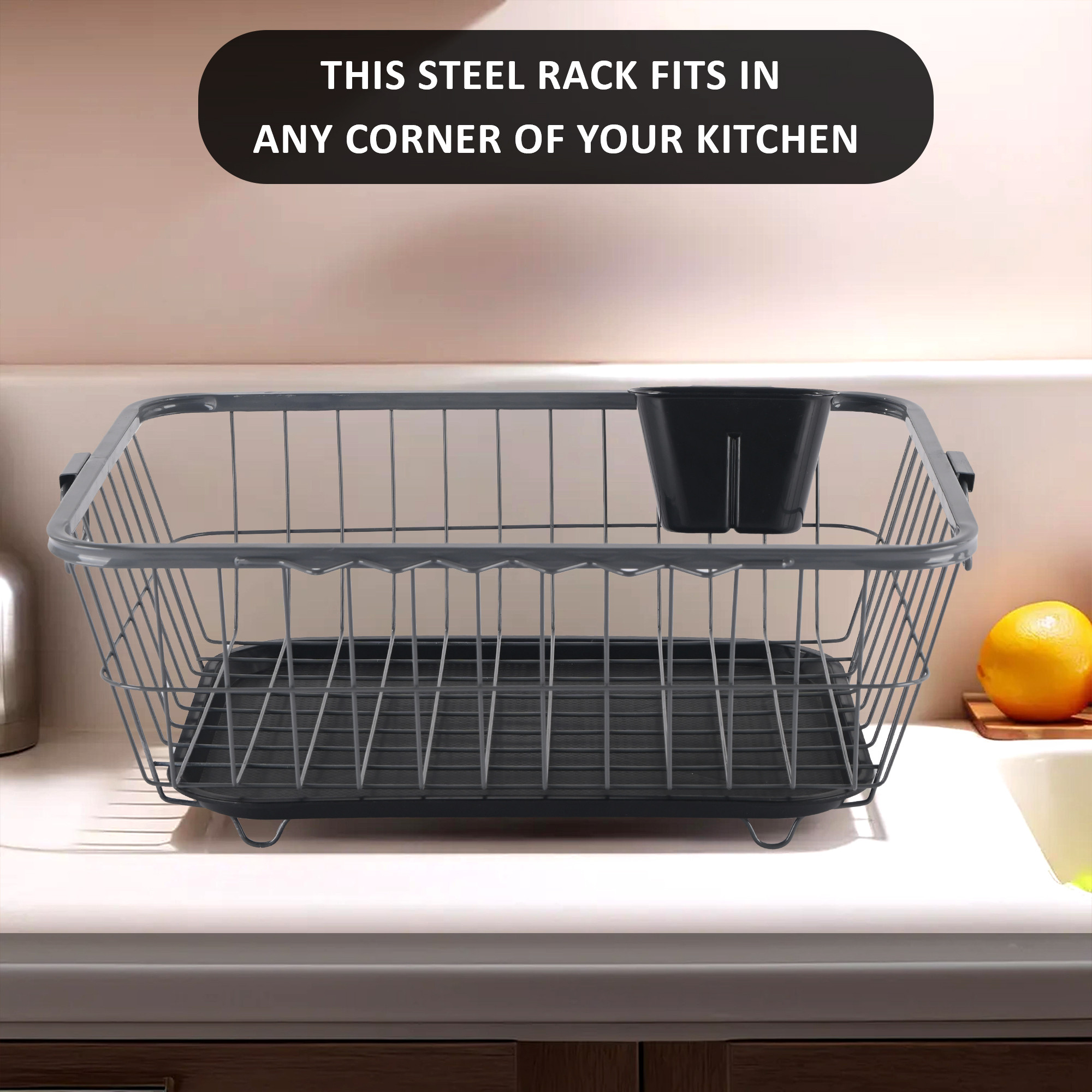 Kuber Industries Stainless Steel Dish Drying Rack For Kitchen With Water Strainer Tray  Vessel Drainer Basket  Bartan StandTokra With Handles  Grey